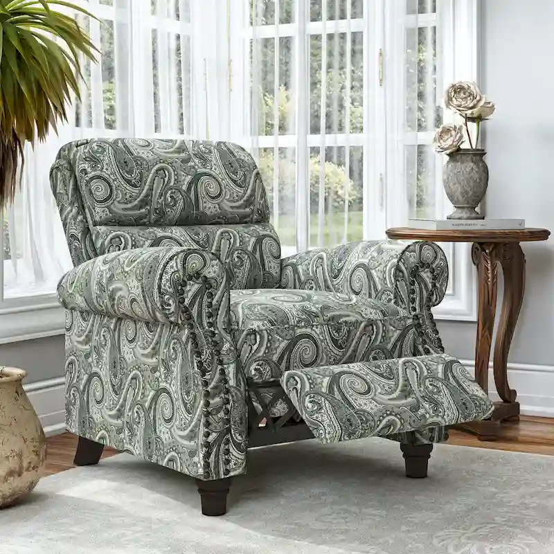 Push Back Recliner Chair with Padded Cushion and Solid Wood Legs