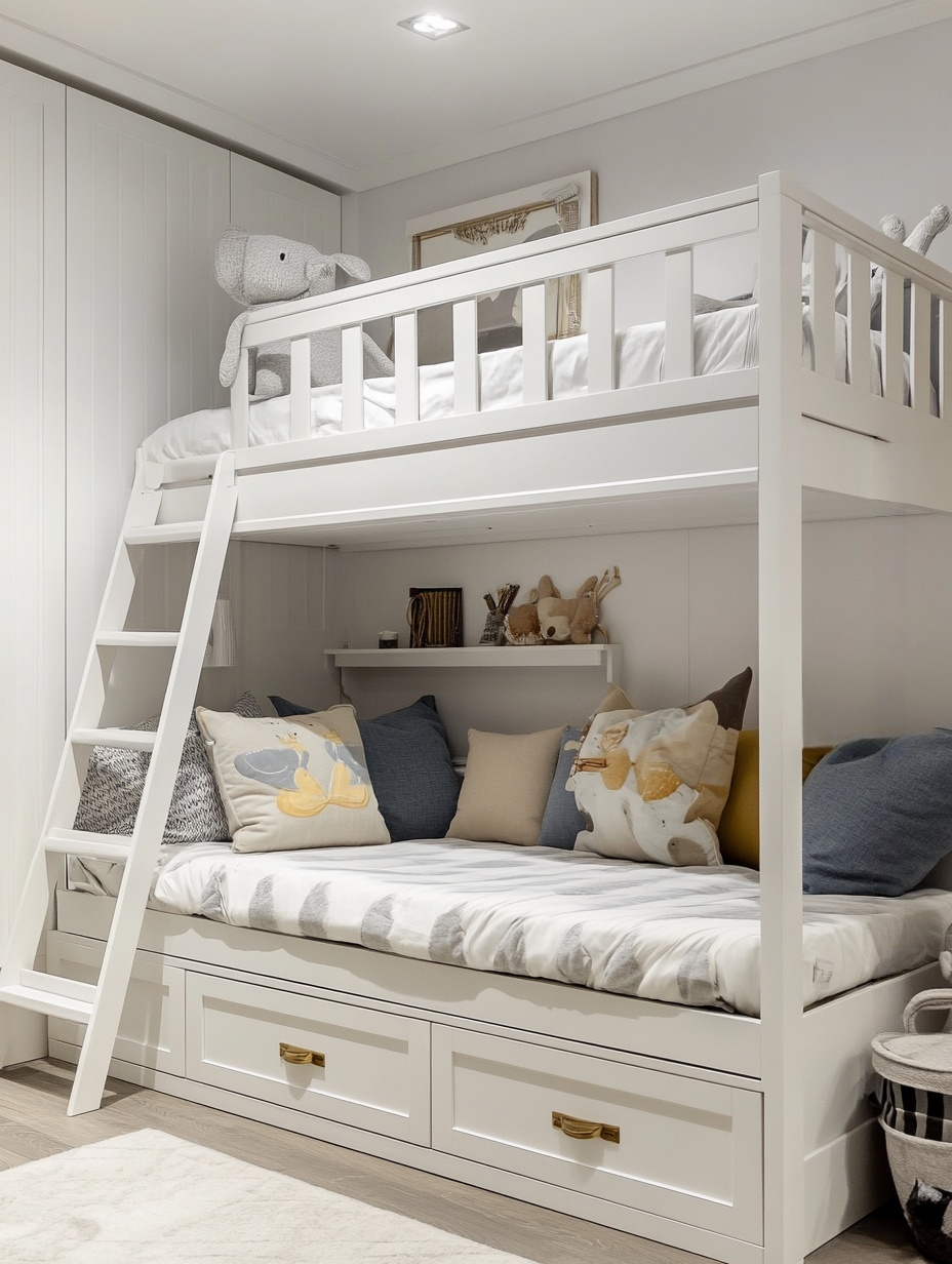 Cama litera infantil blanca madera maciza con cama nido y cajones 205x160x96 cm