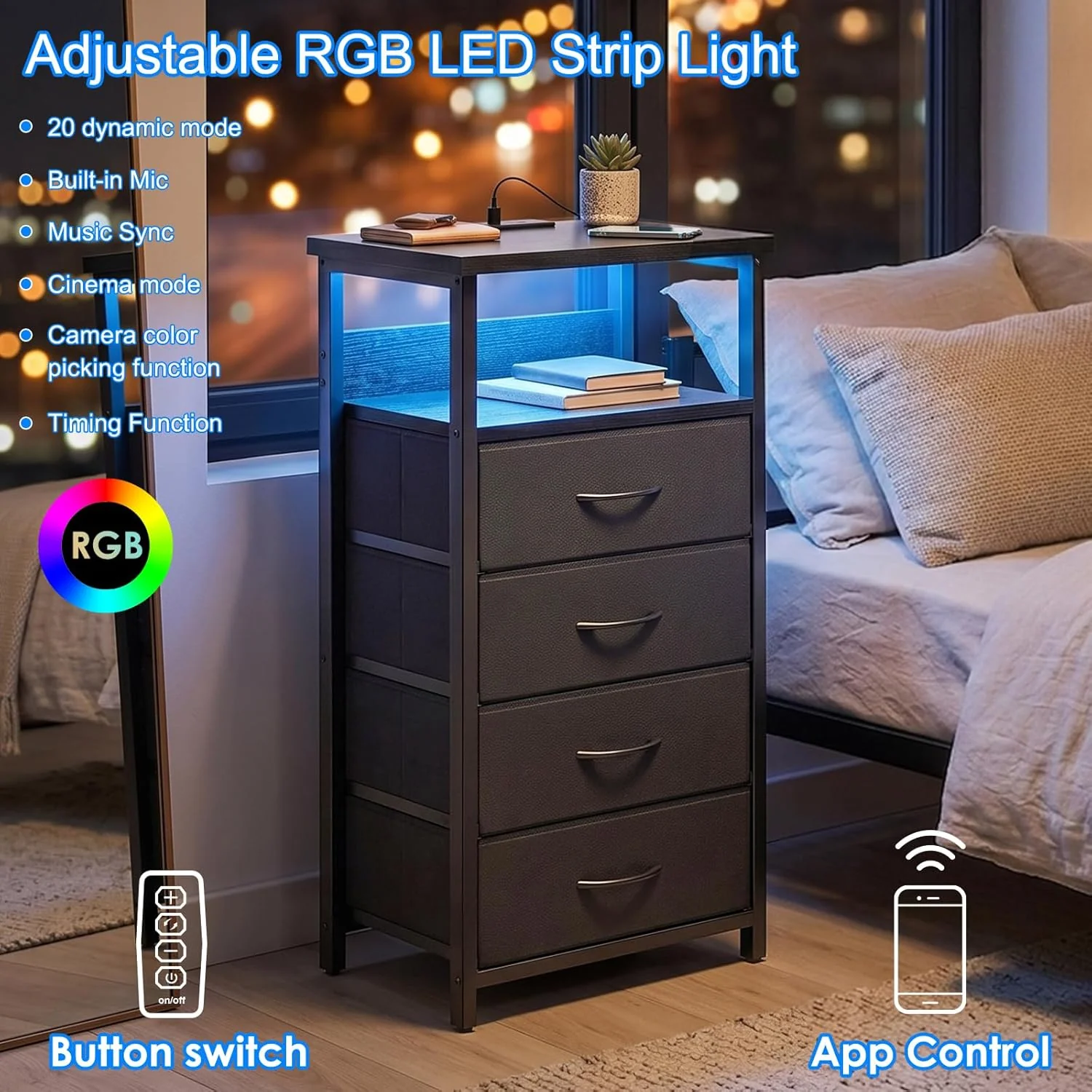 Black Tall Nightstand with Charging Station, 4 Fabric Drawers, RGB LED & Open Shelves - Image 6 Black Tall Nightstand with Charging Station, 4 Fabric Drawers, RGB LED & Open Shelves - Image 6