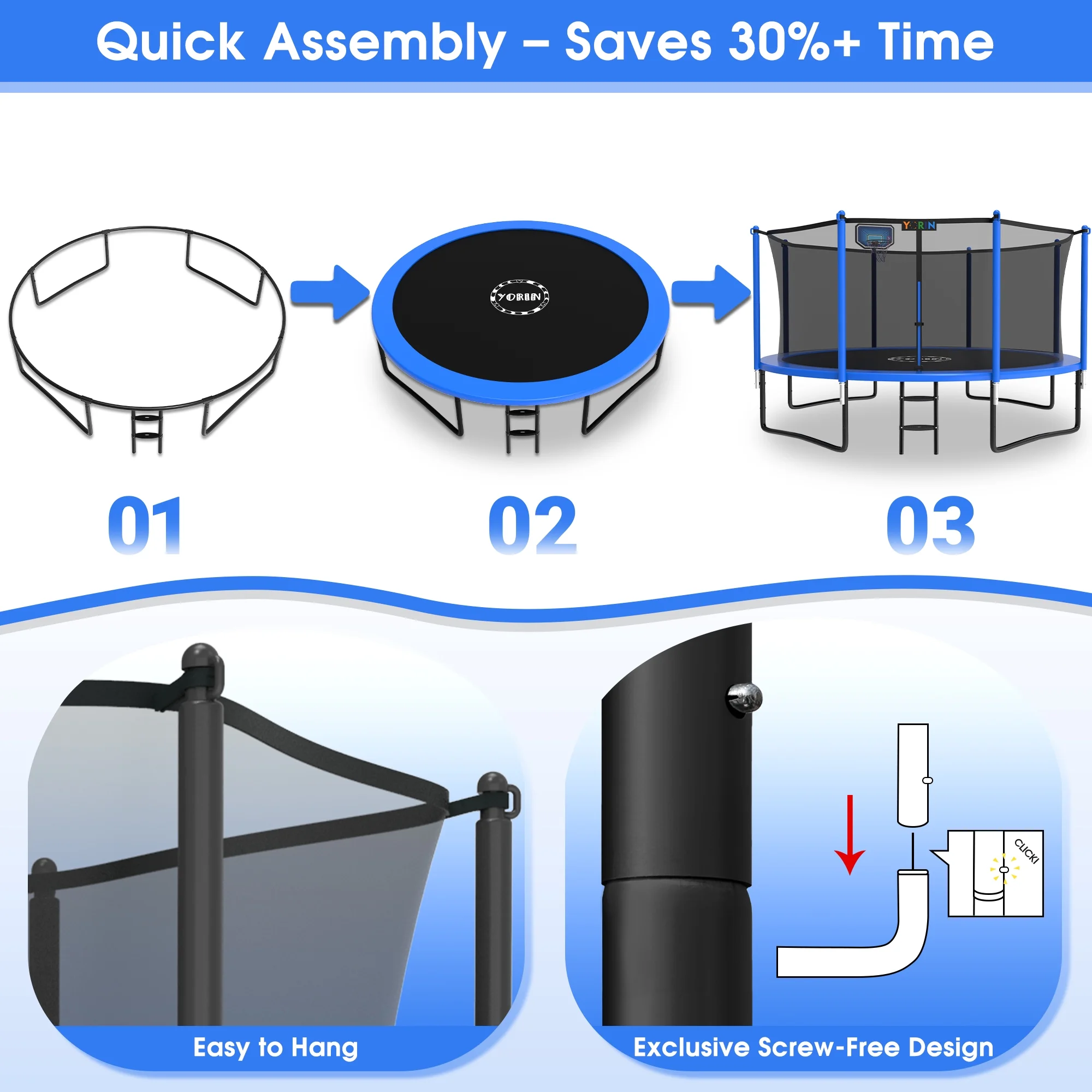 YORIN Trampoline with Trampoline Light, 1200LBS 12FT Trampoline for 5-6 Kids Adults, Recreational Trampoline with Basketball Hoop, Ladder, Galvanized Outdoor Heavy Duty Trampoline - Image 2