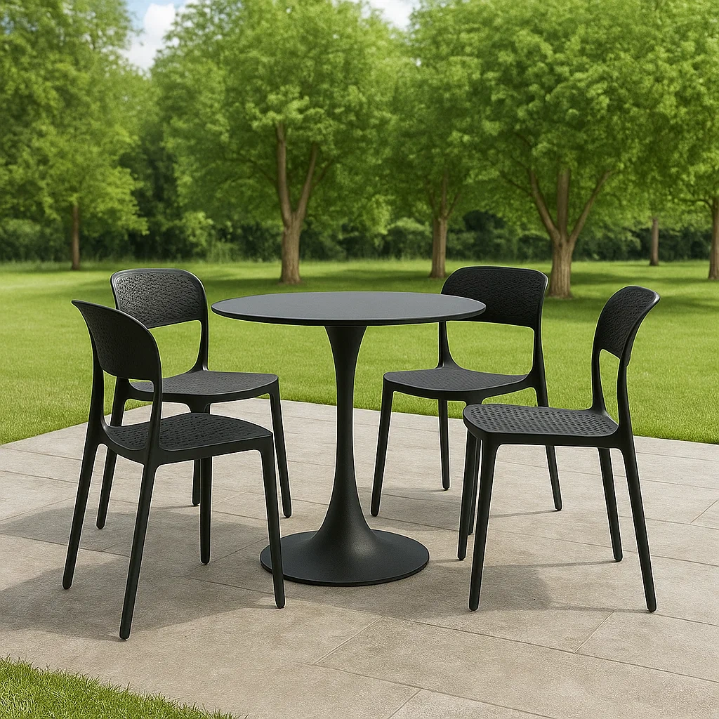 Conjunto de comedor de terraza,mesa redonda con 4 sillas sin cojín,negro,plástico,adecuado para jardín