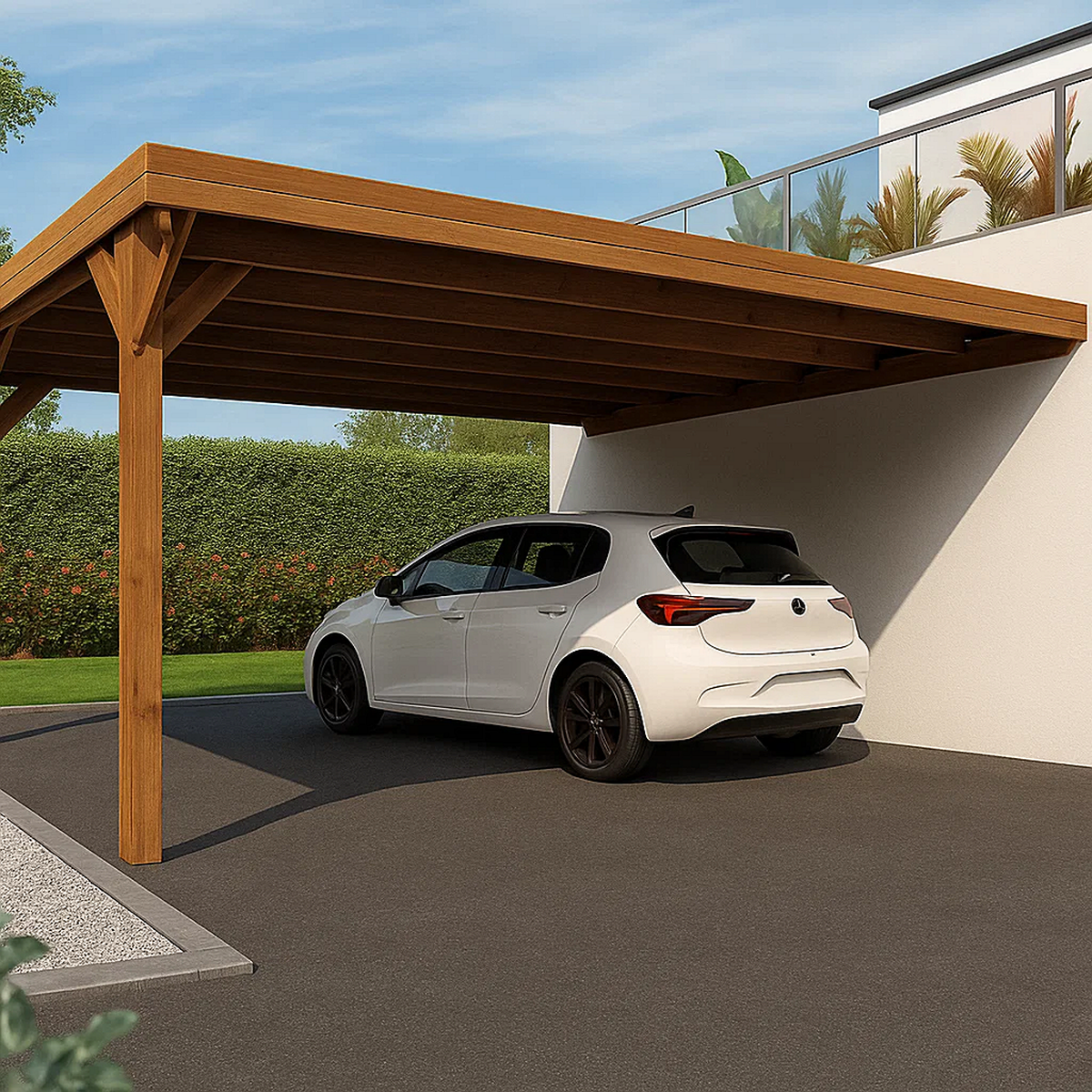 Cochera adosable de madera para 2 coches con techo de policarbonato 6x5,2x2,5 m