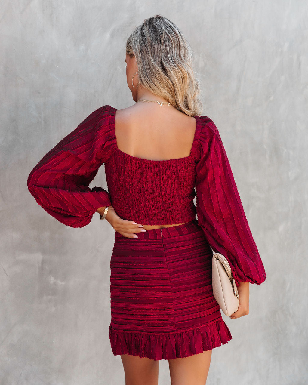 Scarlett Textured Balloon Sleeve Crop Top - Burgundy - FINAL SALE - Se7enfashion