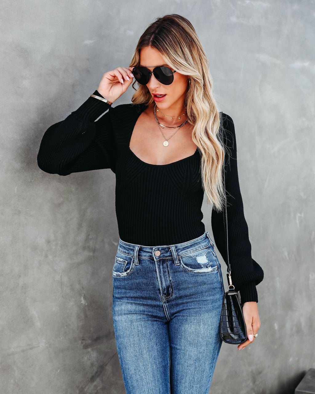 So Much More Knit Balloon Sleeve Top - Black - Se7enfashion
