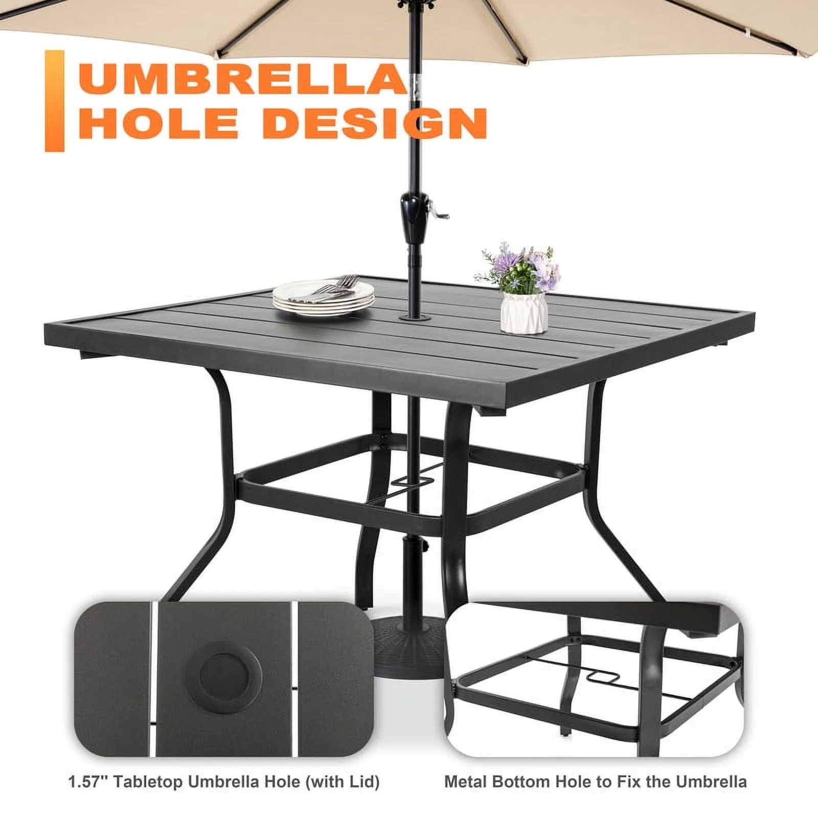 Nuu Garden 5 Piece Outdoor Patio Dining Set, Metal Patio Furniture Set 4 Textilene Swivel Chairs and 37" Square Iron Umbrella Dining Table,Black and Brown - Image 9