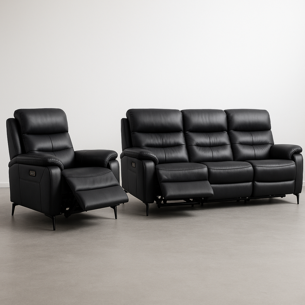 Sofá Reclinable de 3 Plazas con Sillón Independiente, Comodidad para Salón, Negro, Cuero Sintético, Conjunto de Muebles