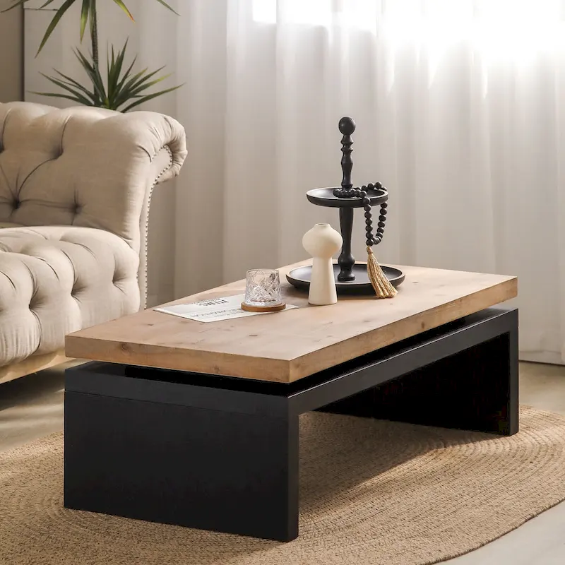 Versatile 2-Tier Coffee Table in Black and Natural Wood for Living Room