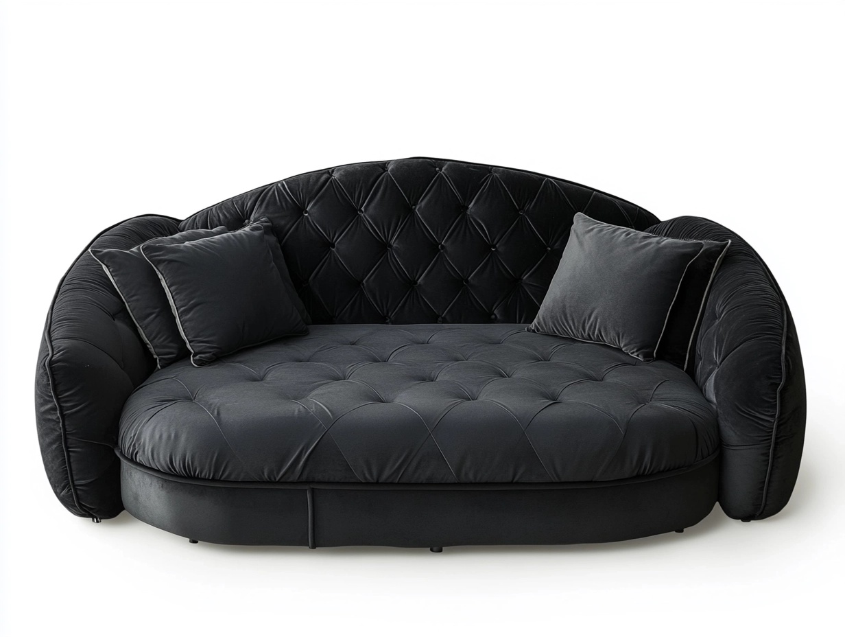 Sofá Cama de Terciopelo Negro con Cojines Redondo 220cm