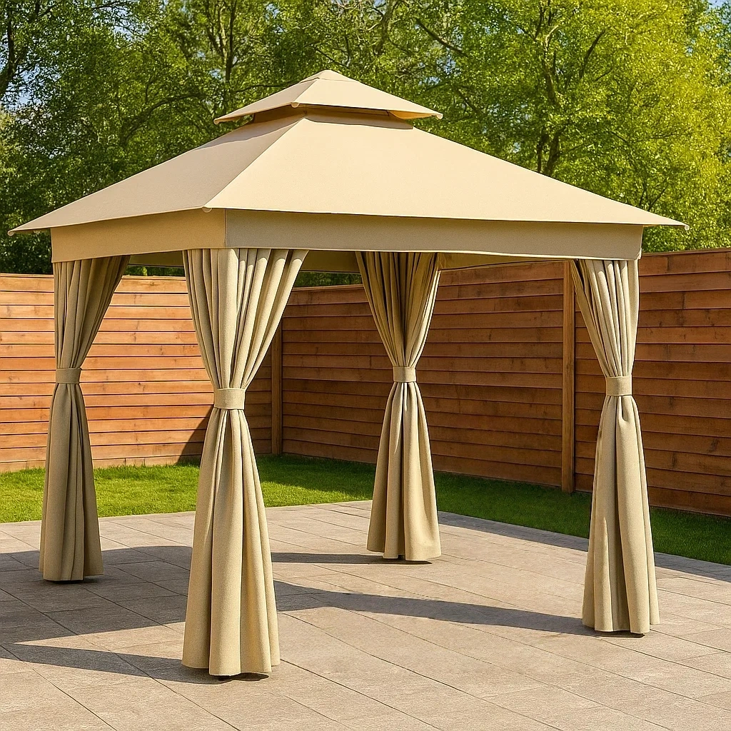 Cenador y quiosco rectangular,estructura metálica,color beige,techo a cuatro aguas,instalación autoportante,300x200x270 cm,uso exterior. - ojzK6jDjpt7r