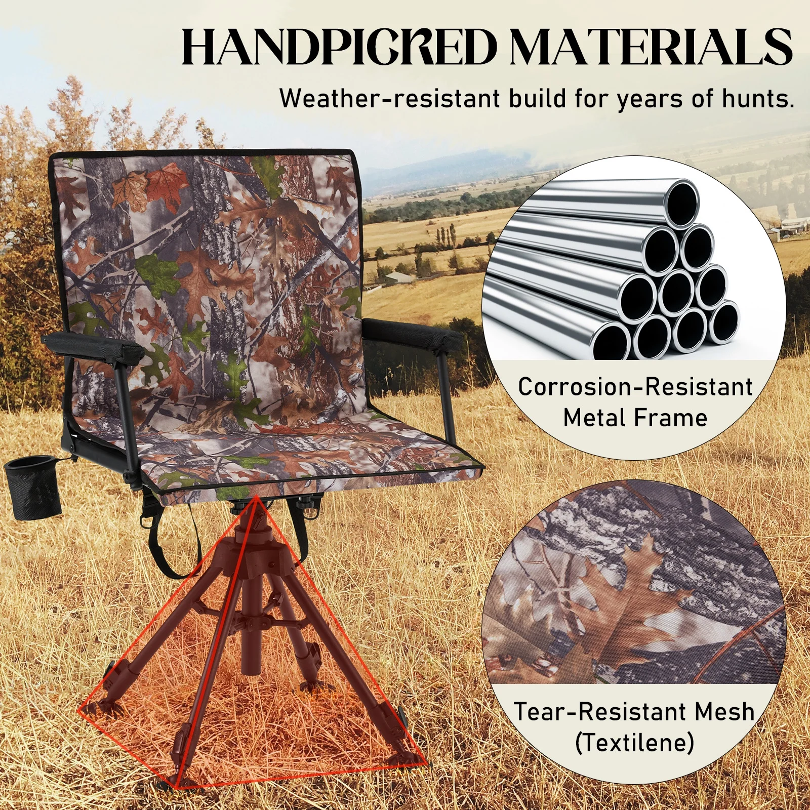 Danrelax 360- Silent Camo Hunting Blind Chair, Armrests, Side Pouch, Telescopic Legs - Image 6