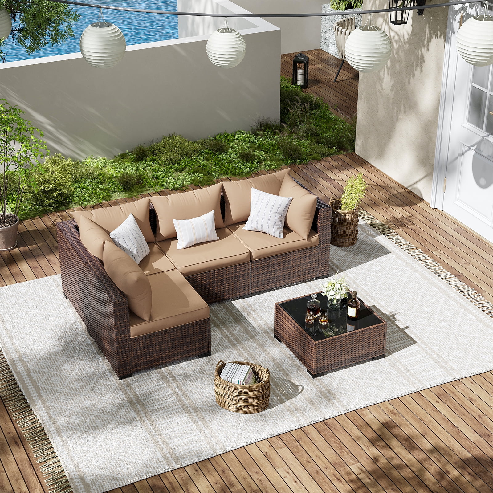 ELPOSUN Patio Furniture Set, Outdoor Patio Furniture Wicker Furniture Couch Set, 5 Pieces Outdoor Sectional Sofa, Patio Furniture Set, Outdoor Patio Set for Balcony Furniture (Grey) - Image 14