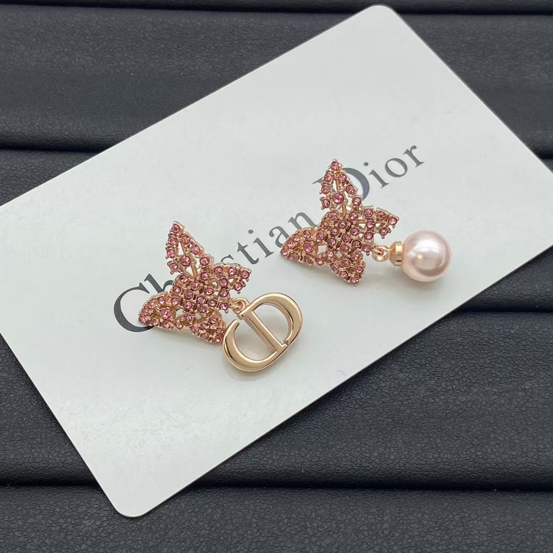 Dior Asymmetric Rose Gold-Finish Pink Butterfly Earrings - Original Replica Club