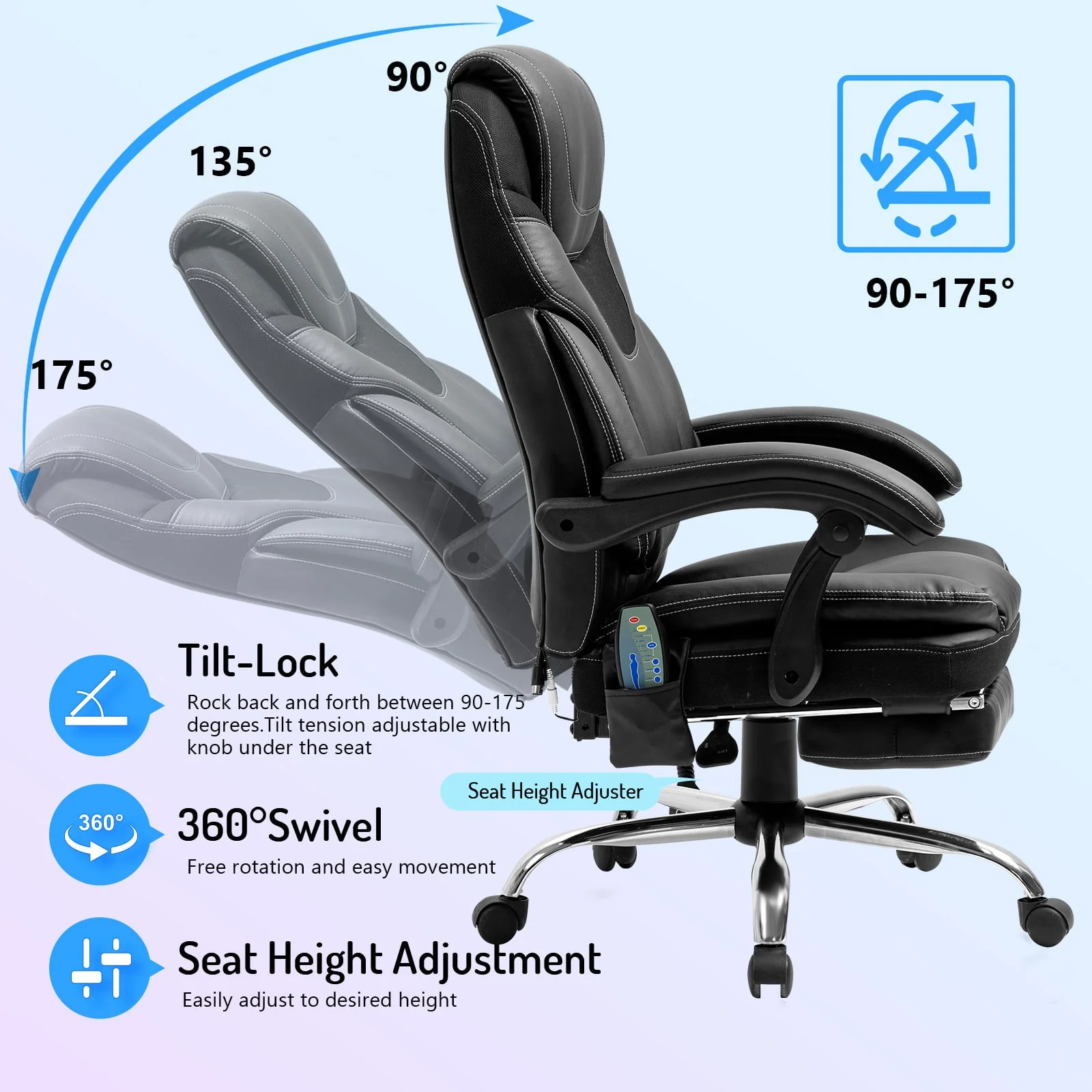 Massage Office Chair, Reclining Office Chair with Footrest, Ergonomic Office Chair with Lumbar Support, High Back Executive Office Chair, Height and Armrest Adjustable, 300lb Capacity - Image 4