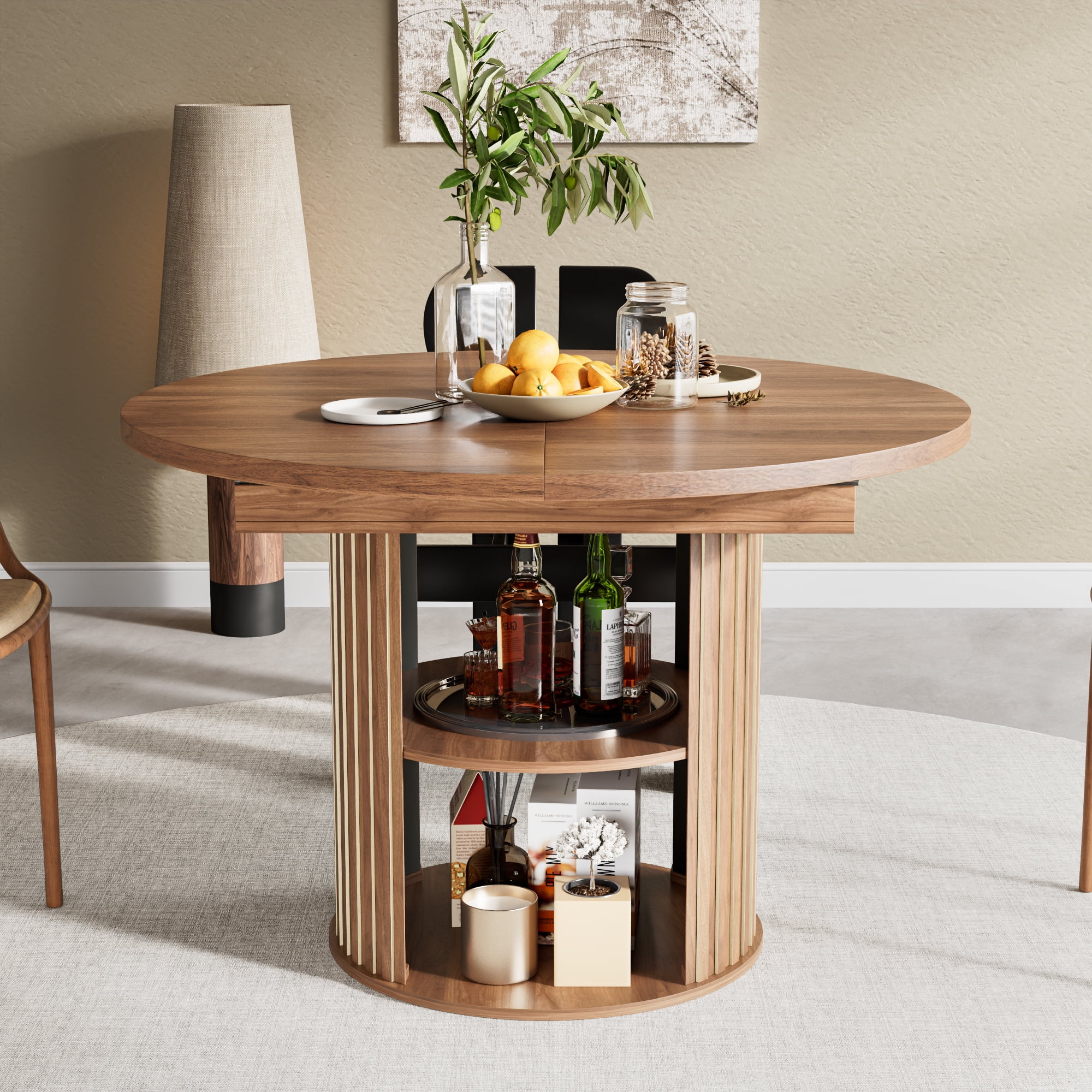 Extendable Dining Table for 4-6, Round Kitchen Table with Storage Shelf, Oval Dining Tables for Living Room (Walnut) - Image 8