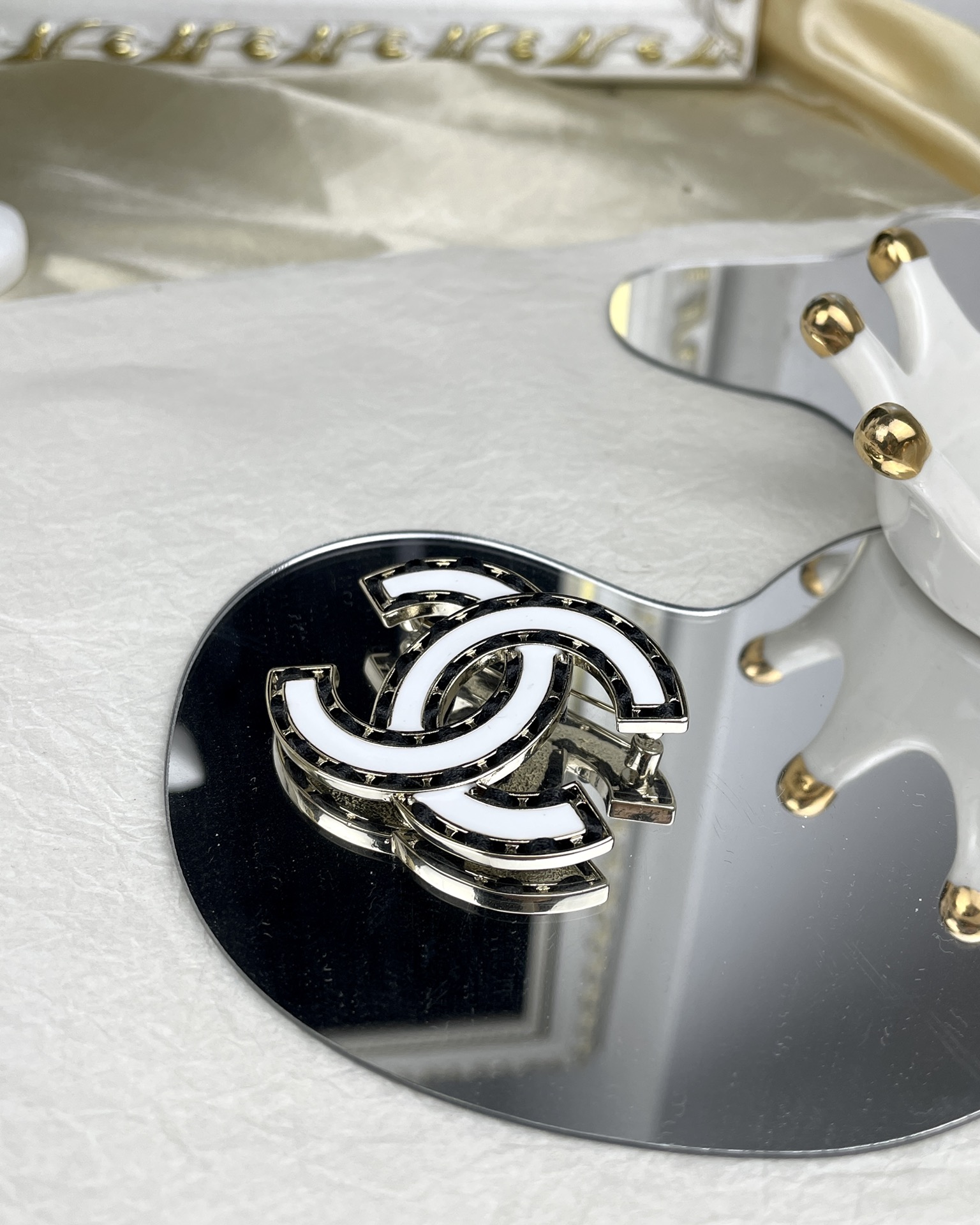 Chanel White Enamel Leather Woven CC Brooch - Original Replica Club