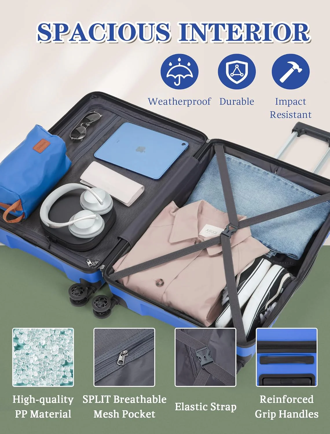 5-piece luggage set with wheels, ABS hardshell suitcase with spinner wheels