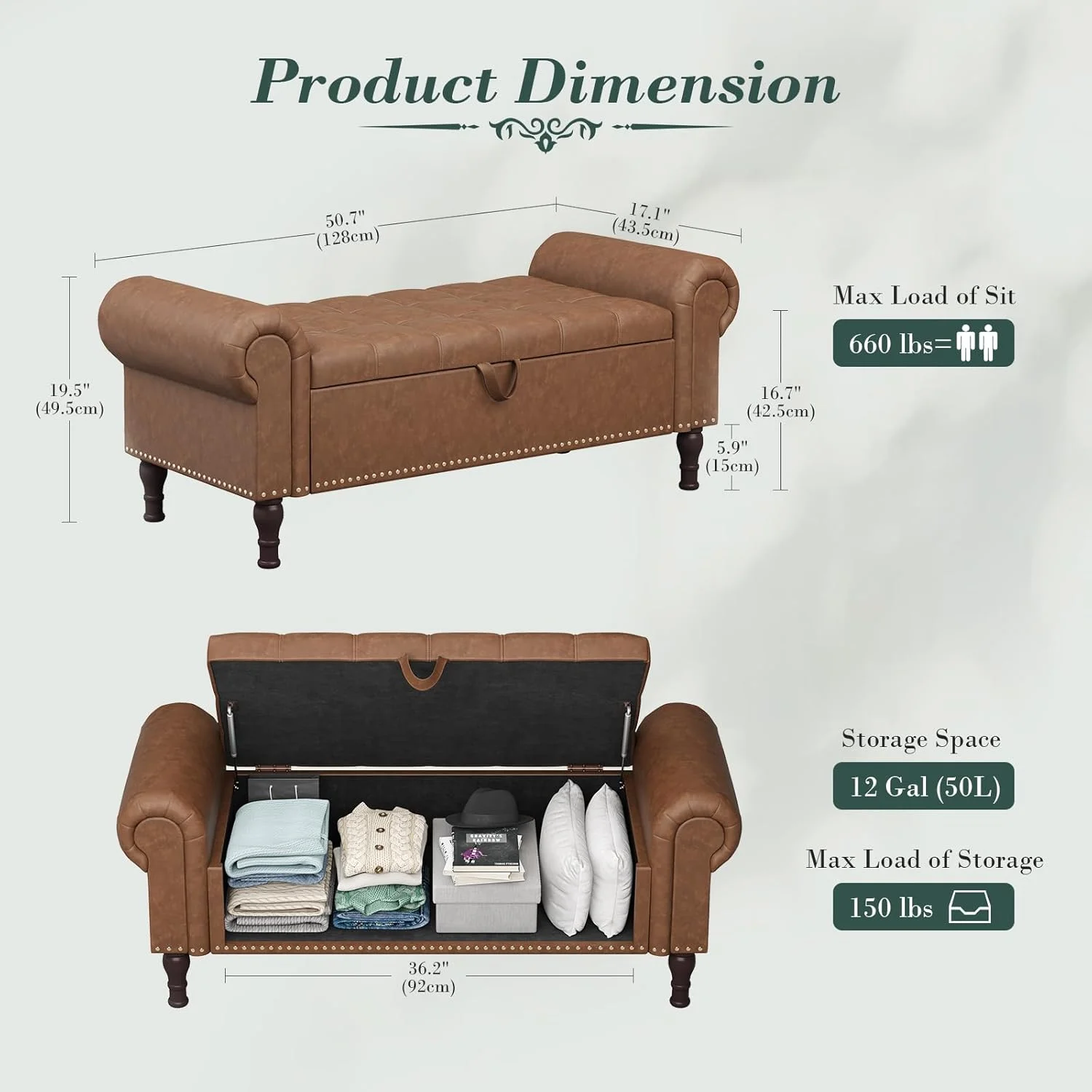 YOUDENOVA Storage Ottoman Bench for Bedroom 51" Queen Leather Storage Bench with Button, Upholstered Bedroom Bench with Rolled Arms for Living Room, Storage Room, Entryway, Gray - Image 18