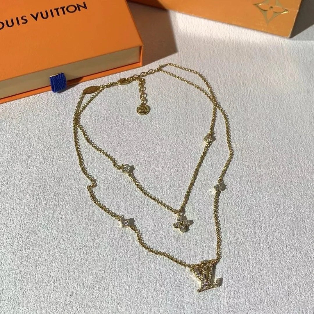 Louis Vuitton 2 Layers Diamond LV Monogram Pendant Necklace - Original Replica Club