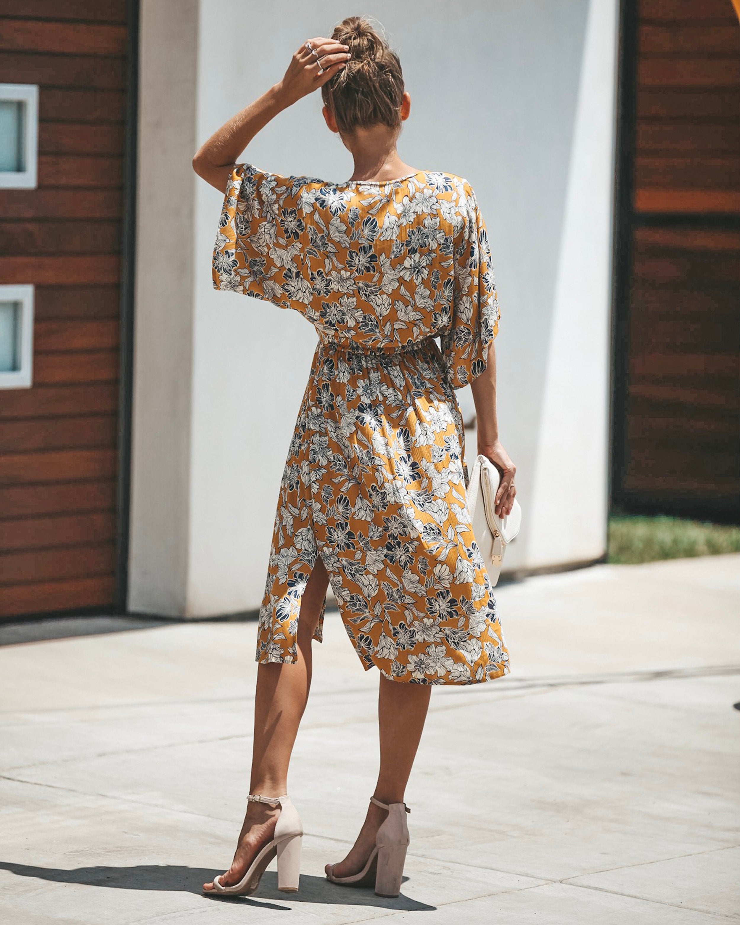 Jaune Floral Knot Front Midi Dress - Se7enfashion