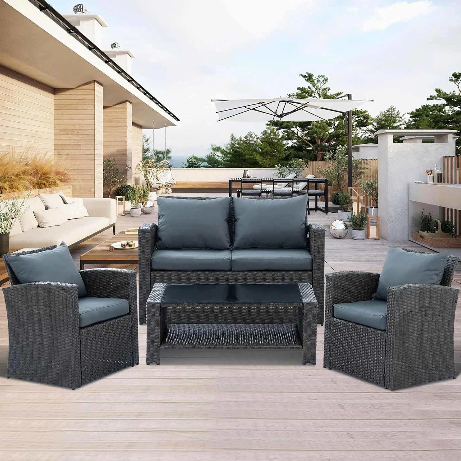 7 Piece Patio Furniture Sets Outdoor Sectional PE Rattan Outdoor Furniture Patio Conversation Set with Cushions and Glass Coffee Table, for Balcony Lawn and Garden, Gray - Image 18