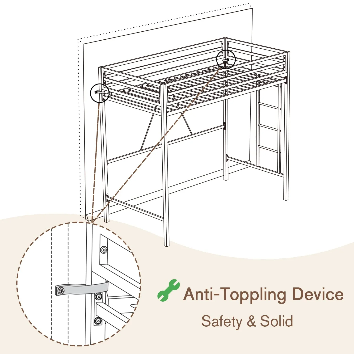 Einfach Metal Twin Size Loft Bed with Removable Ladder & Full-Length Guardrail, White - Image 11