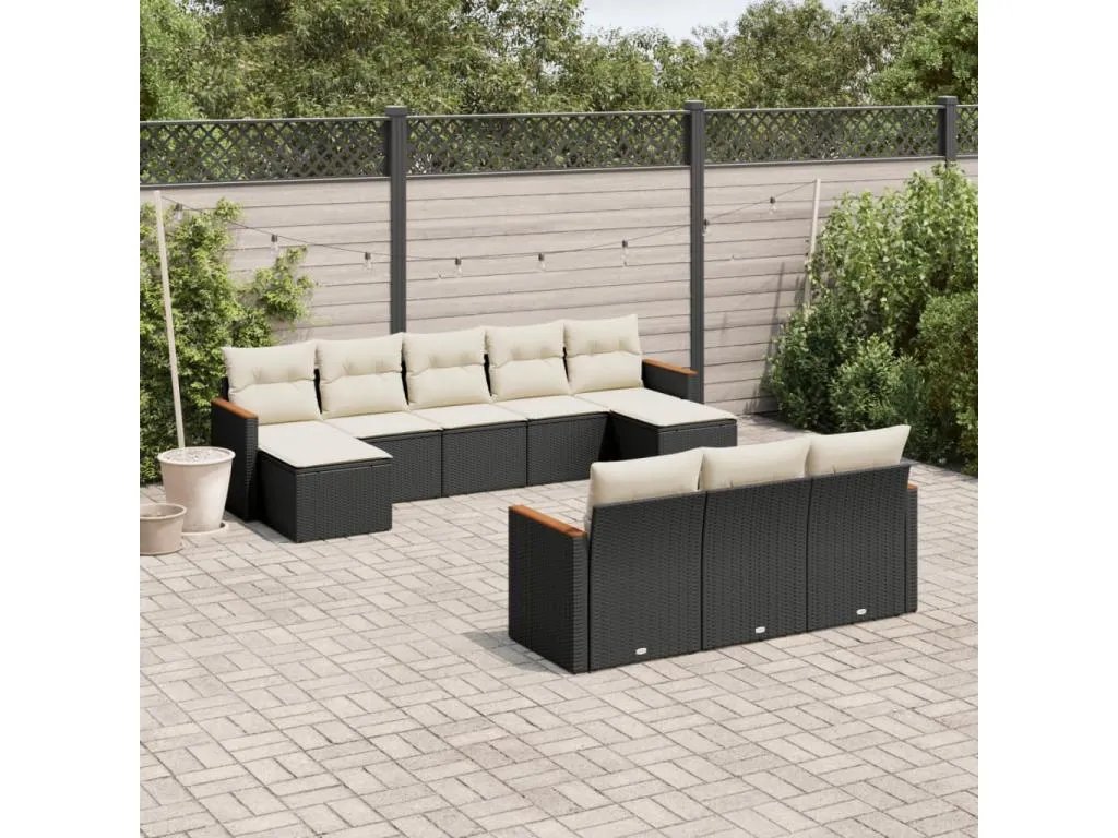 Set de sofás de jardín 10 pzas cojines ratán sintético negro