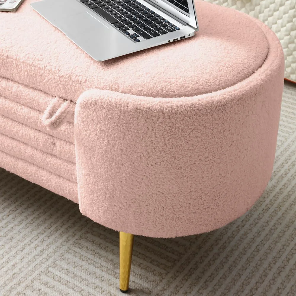 Sumdeal 43.5" Storage Ottoman Bench with 250lb Seating, Linen Upholstered Wood Legs Safety Hinge Flip Top Oval Foot Rest Long Stool for Sofa Couch Bedroom End of Bed Living Room Entryway, White - Image 46
