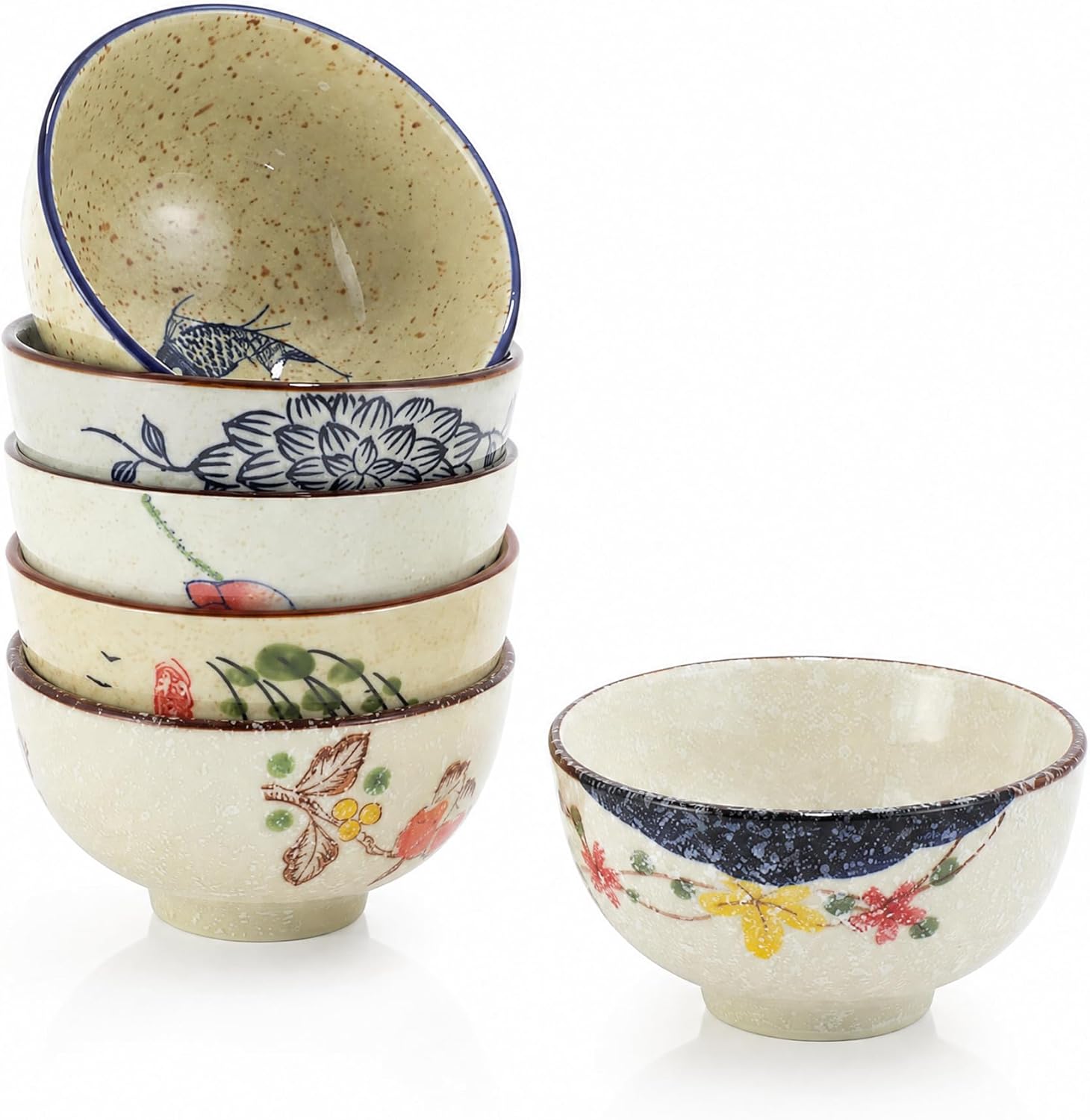 4.5 Inch Japanese Retro Dessert Bowls Set of 6, Ceramic Hand-painted Serving Bowsl Set for Cereal, Salads, Dessert, Ice Cream, Rice, Noodles, Dishwasher Microwave Safe