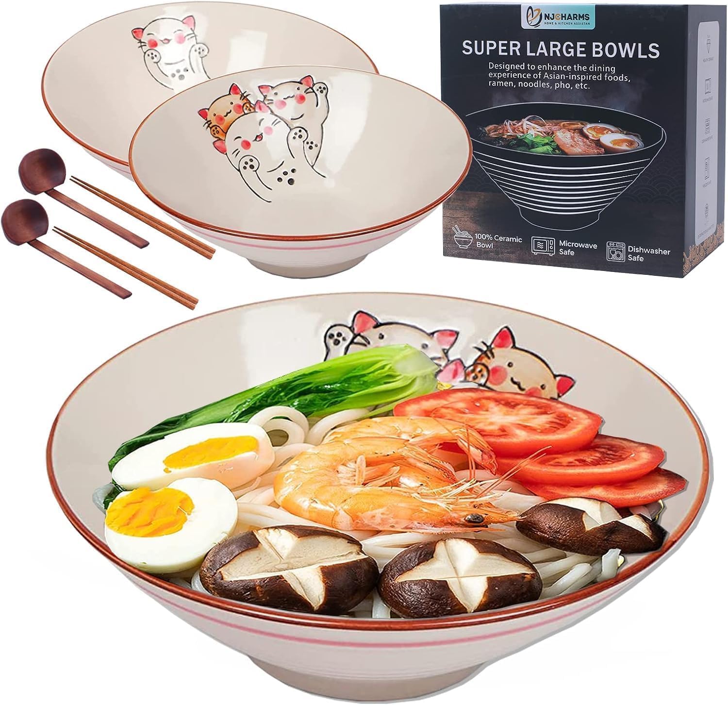 NJCHARMS Ceramic Ramen Bowl Set of 2, 60 oz Japanese Noodle Soup Bowls with Spoons and Chopsticks for Ramen Soup Pho Udon Asian Noodles, Large Noodle Bowls(Black