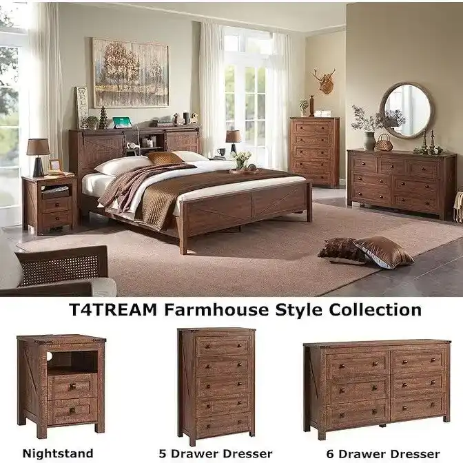 Farmhouse Platform Bed with Storage Headboard Sliding Doors and Charging Station