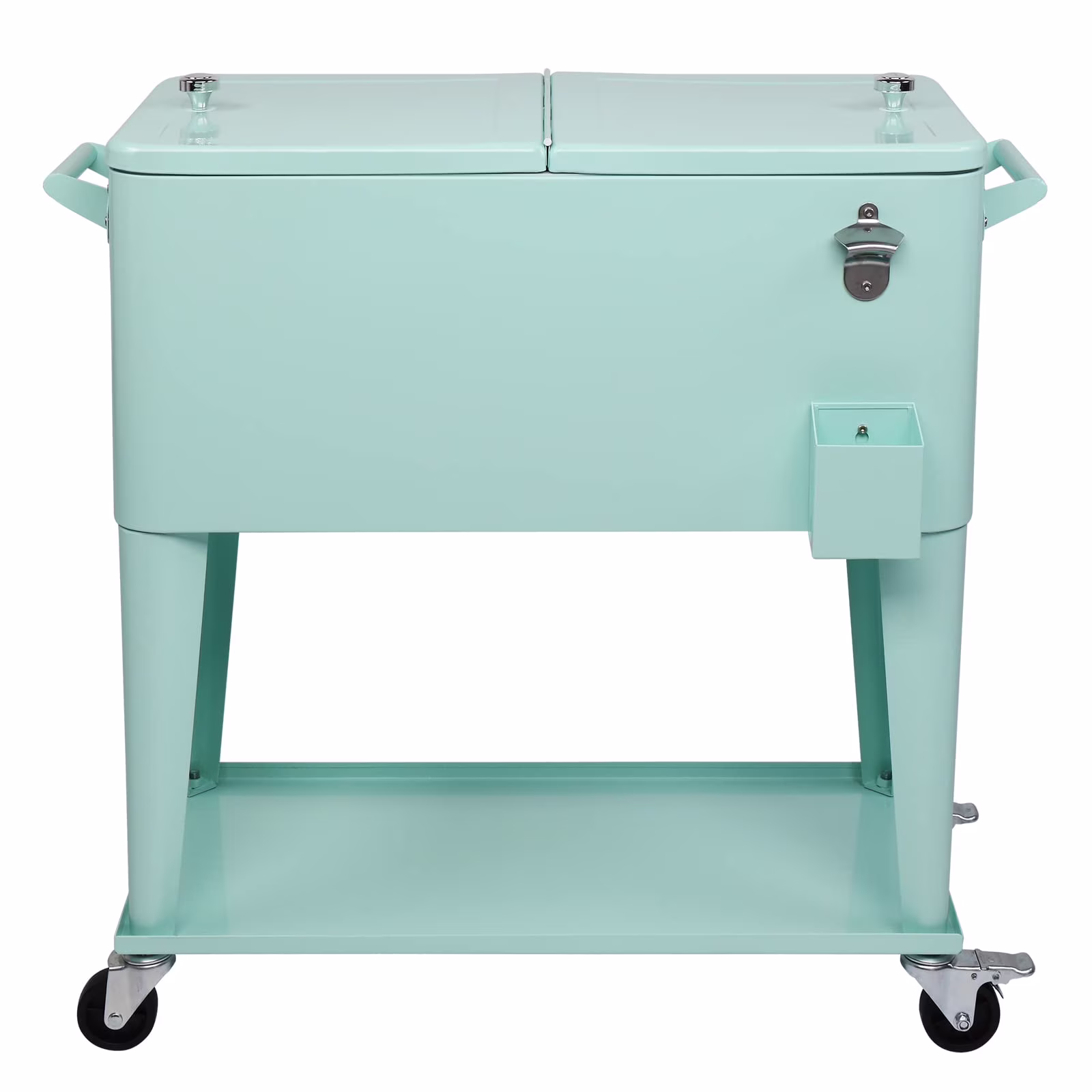 BNSPLY 80 Quart Outdoor Cooler Cart Rolling Ice Chest Cooler Cart, Portable Patio Cooler with Bottle Opener, Handles and Drainage, Standing Cooler for Patio Party, Camping and BBQ, Mint Green(Black)