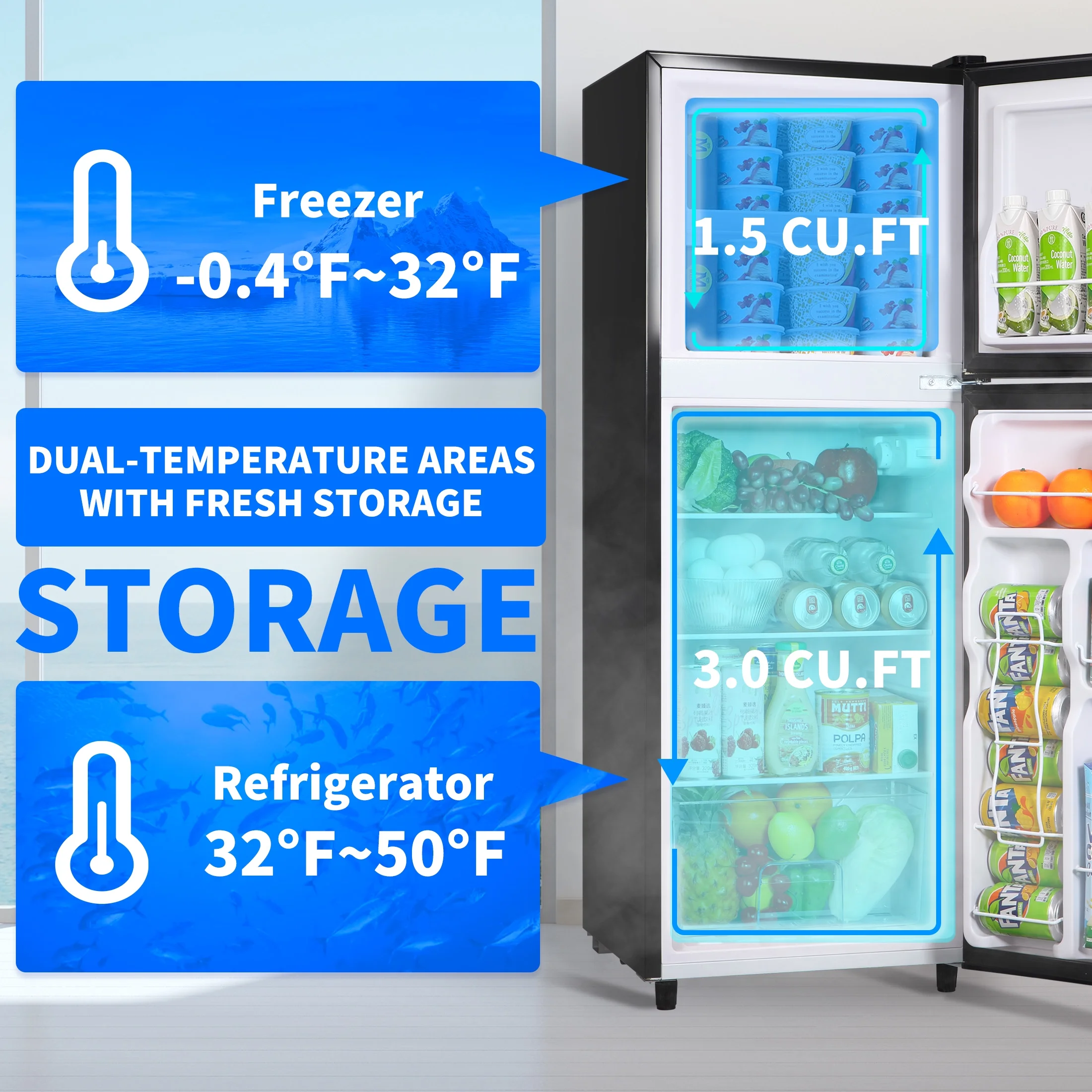 4.5 Cu. ft. Compact Refrigerator 2 Door with Freezer,5 Adjustable Thermostat & 4 Removable Glass Shelves - Image 17