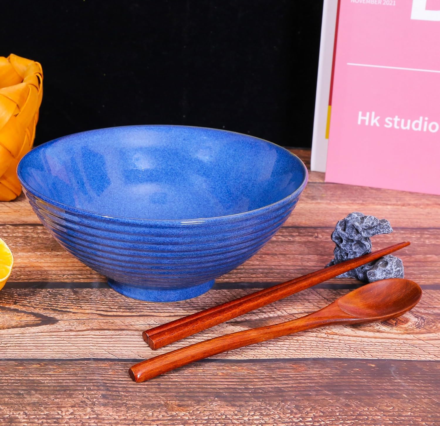 2x Ceramic Ramen Bowls - 40 oz - 20cm - With Spoon and Chopsticks for Ramen Soup Pho Udon Asian Noodles, Large Noodle Bowls (Blue glaze 2 sets)