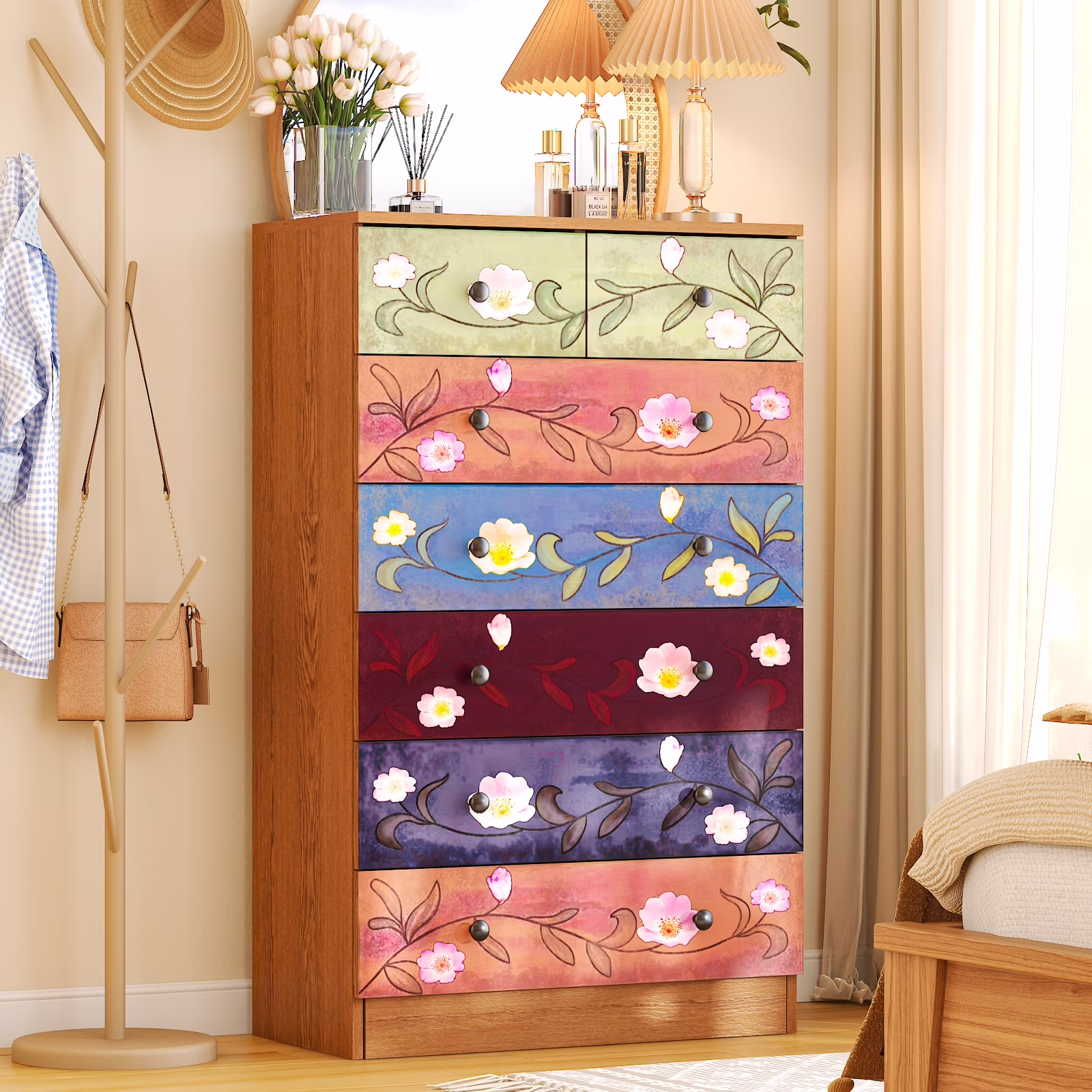 Ktaxon Wood 6-Drawer Dresser Organizer for Bedroom Storage Tower for Entryway Hallway Closet, Tall Chest Organizer Unit with Wood Bins, Floral Painted Wooden - Image 3