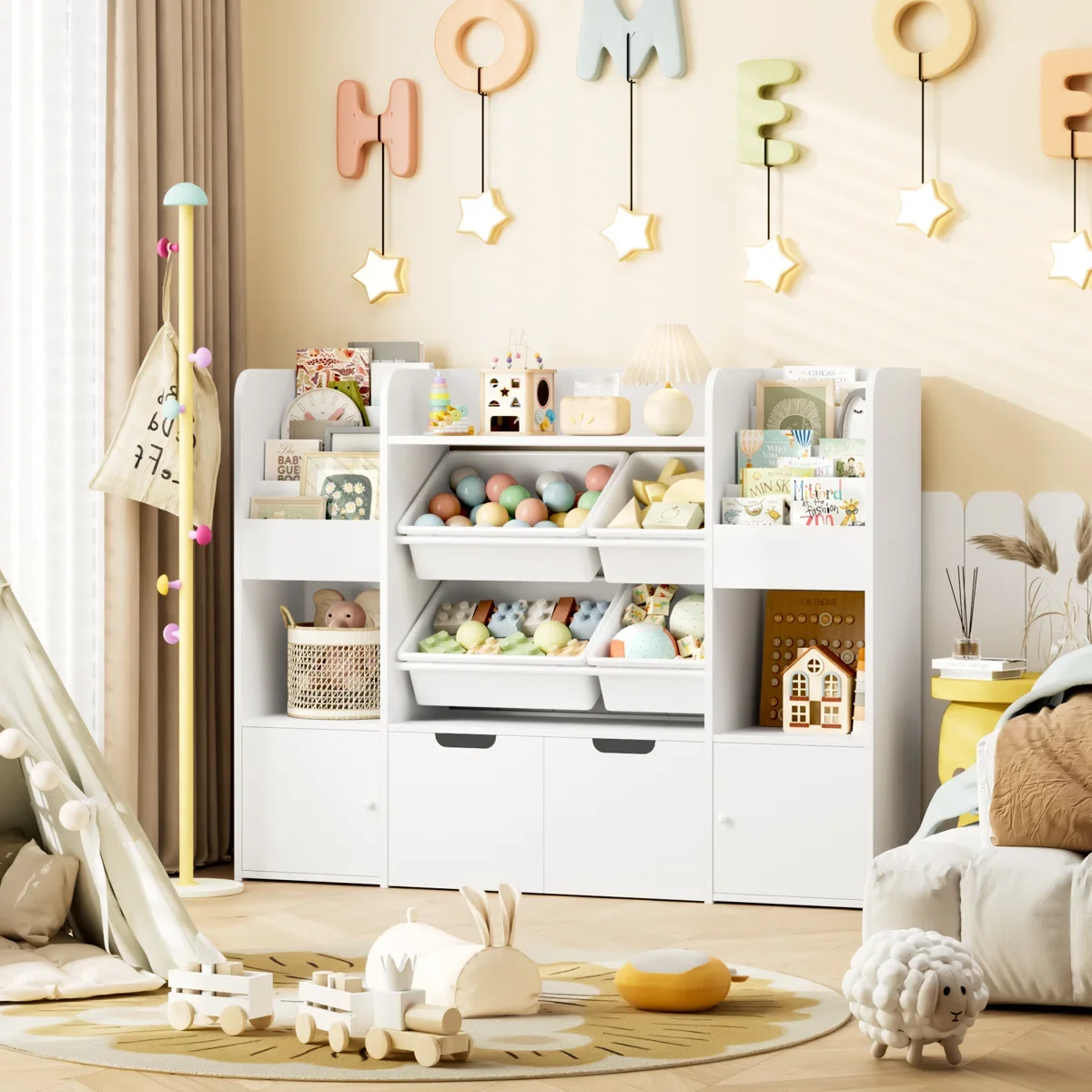 Hiphuta Kids Bookcase Toy Storage Organizer, Wooden Toy Organizer of 4 Bins& 2 Removable Drawers for Home Bedroom, Kids Bookshelf Toy Box with Book Rack, White - Image 8