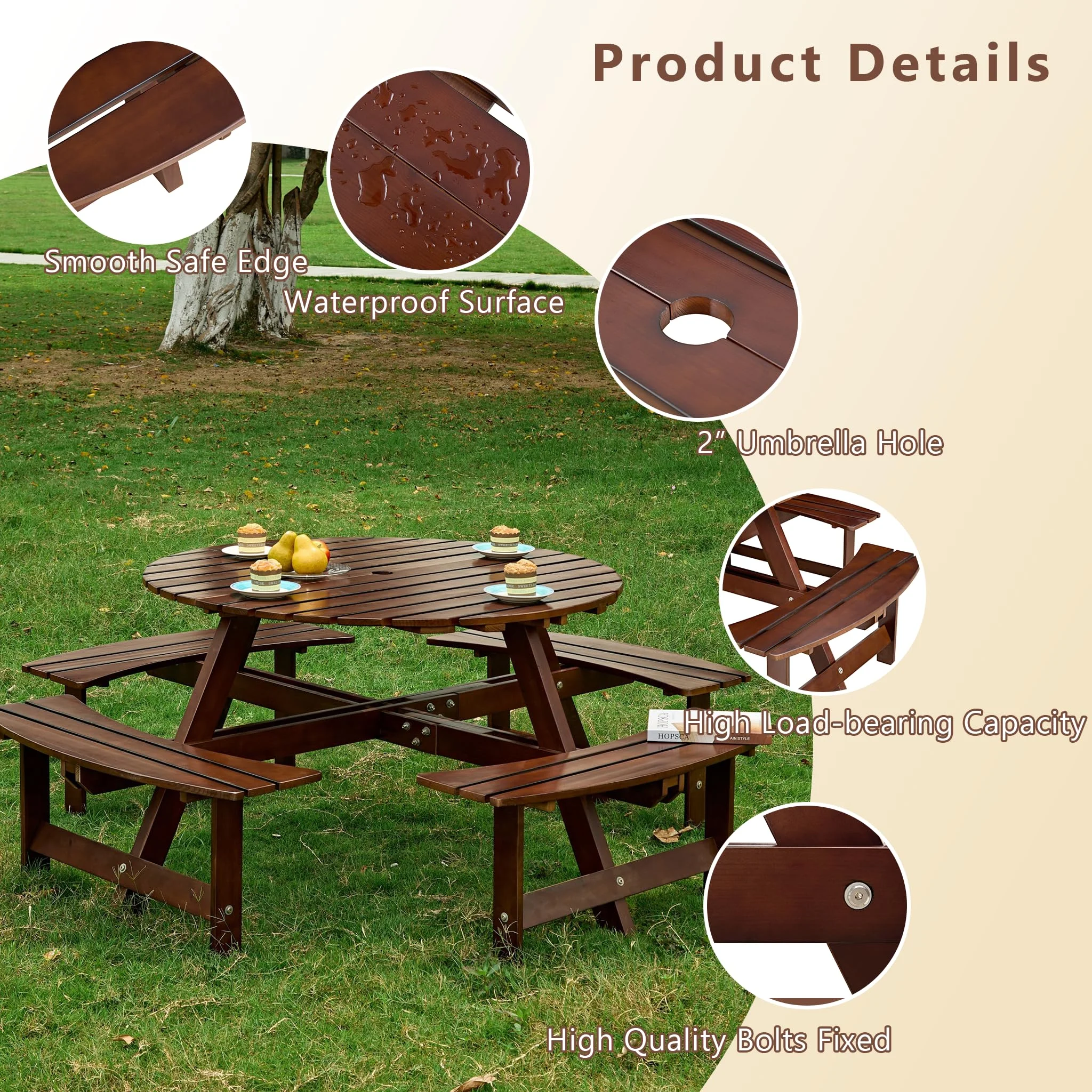 8 Person Wood Picnic Table, Outdoor Round Picnic Table with 4 Built-in Benches, Umbrella Hole, Outside Table and Bench Set for Patio, Backyard, 500lbs Capacity Per Bench - Image 14