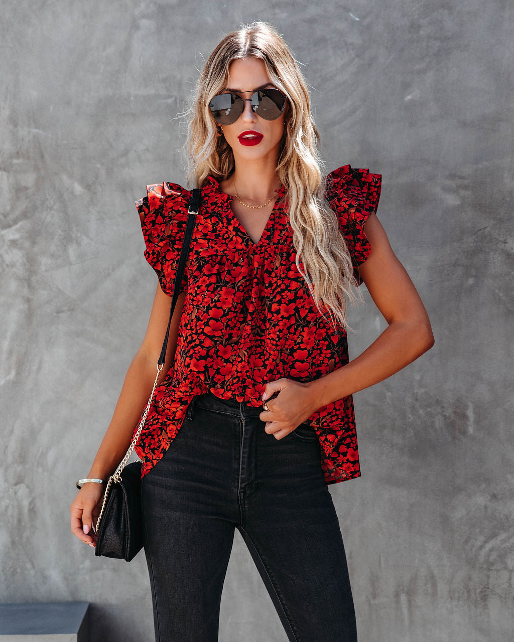 Poppy Fields Ruffle Sleeve Top - Red - Se7enfashion