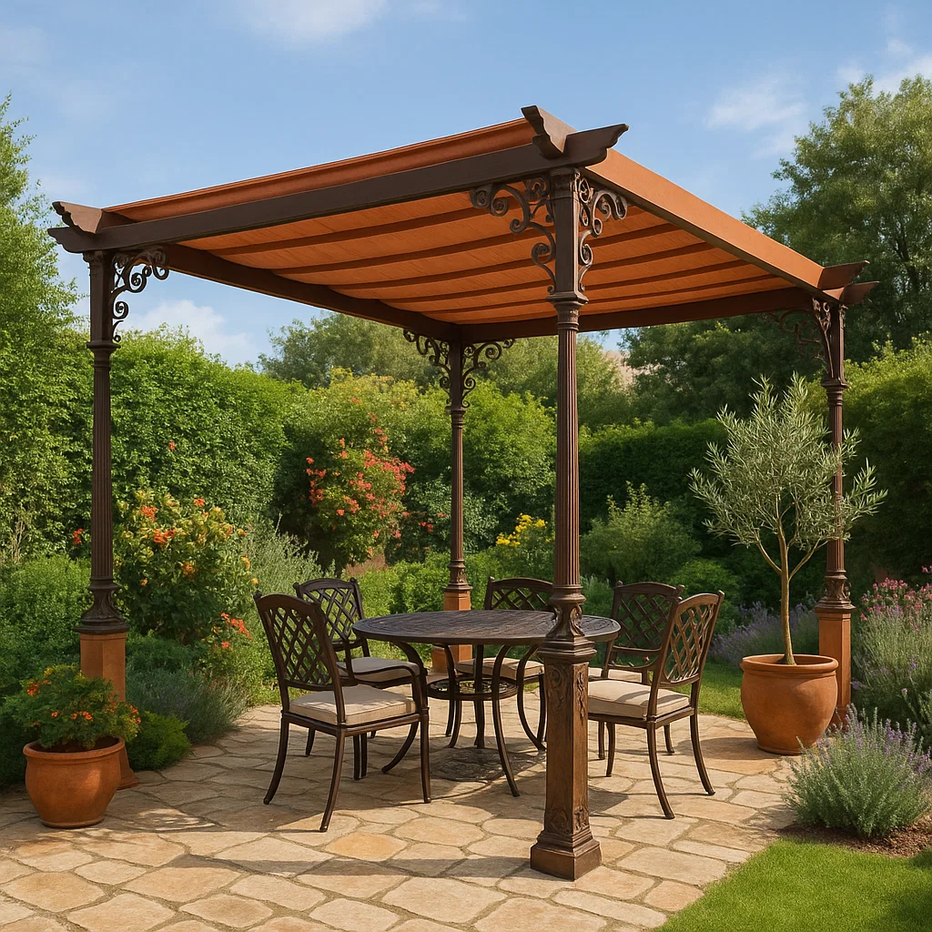 Pérgola metálica para jardín con toldo retráctil - Color marrón y beige - para exterior - 400 cm largo x 360 cm alto x 250 cm profundo xzPcMht335uB