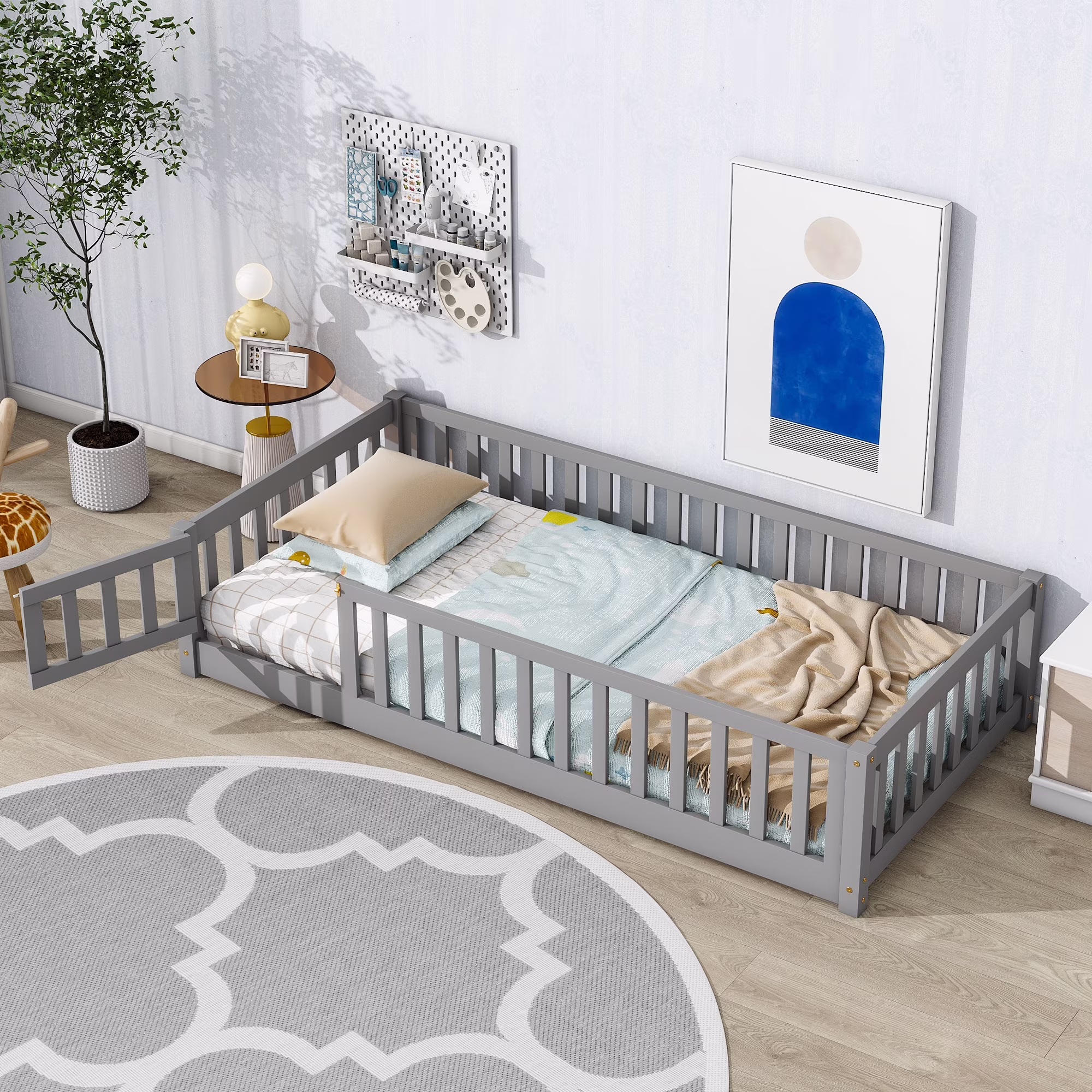 UHOMEPRO Twin Size Floor Bed with Door and Fence, Montessori Floor Bed with Slats and Safety Guardrails, Solid Wood Twin Bed Frame for Bedroom, White - Image 5