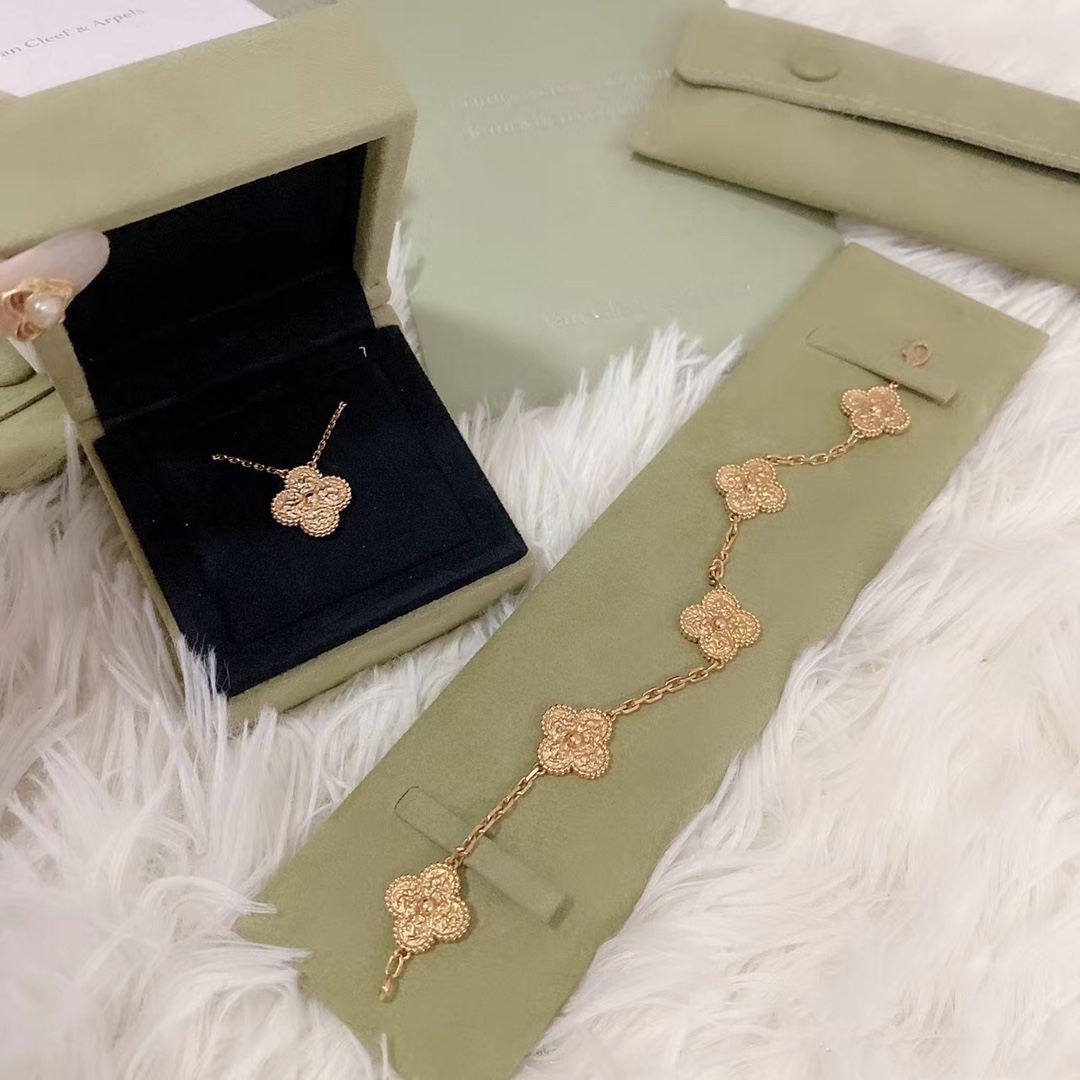 VCA Vintage Alhambra Bracelet Necklace, 5Motifs, Rose Gold,No Diamond - Original Replica Club