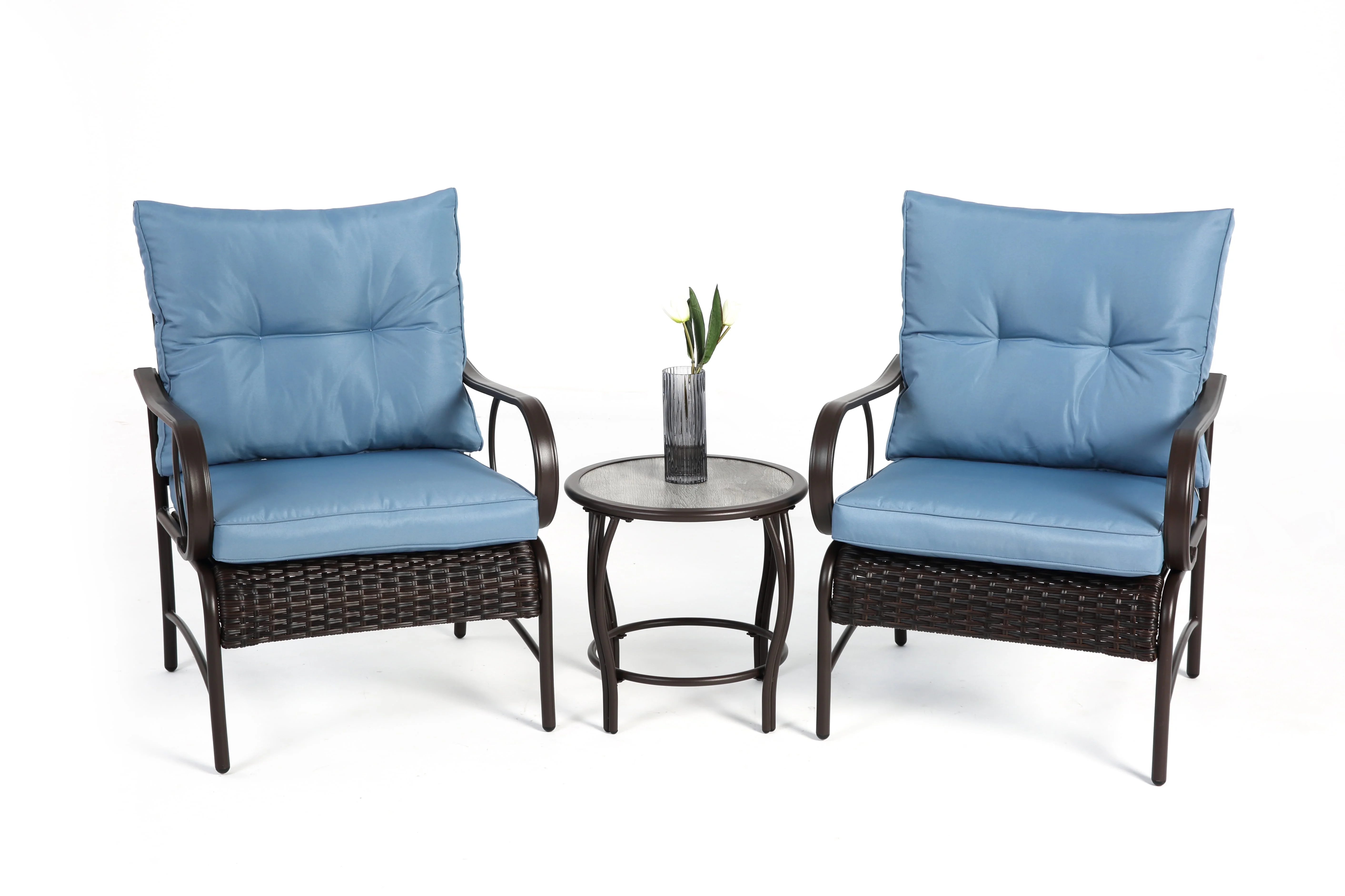 Villeston 3 Piece Outdoor Wicker Conversation Patio Set, with 2 Chairs, Table for Porch Garden,Blue - Image 8