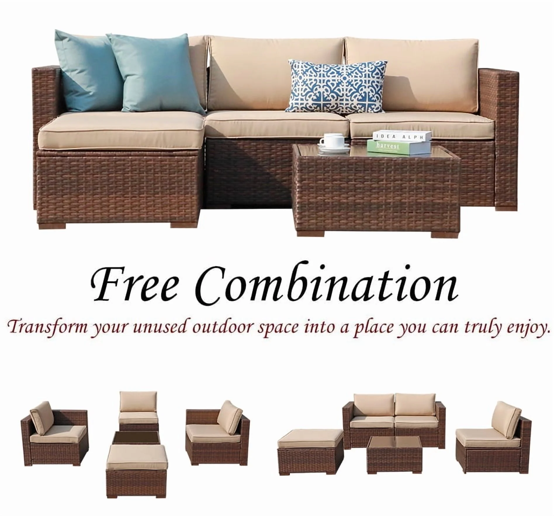 Patiorama 5-Piece Patio Furniture Set, Outdoor Sectional Conversation Set, All-Weather Grey PE Wicker with Light Grey Cushions, Backyard Porch Garden - Image 11