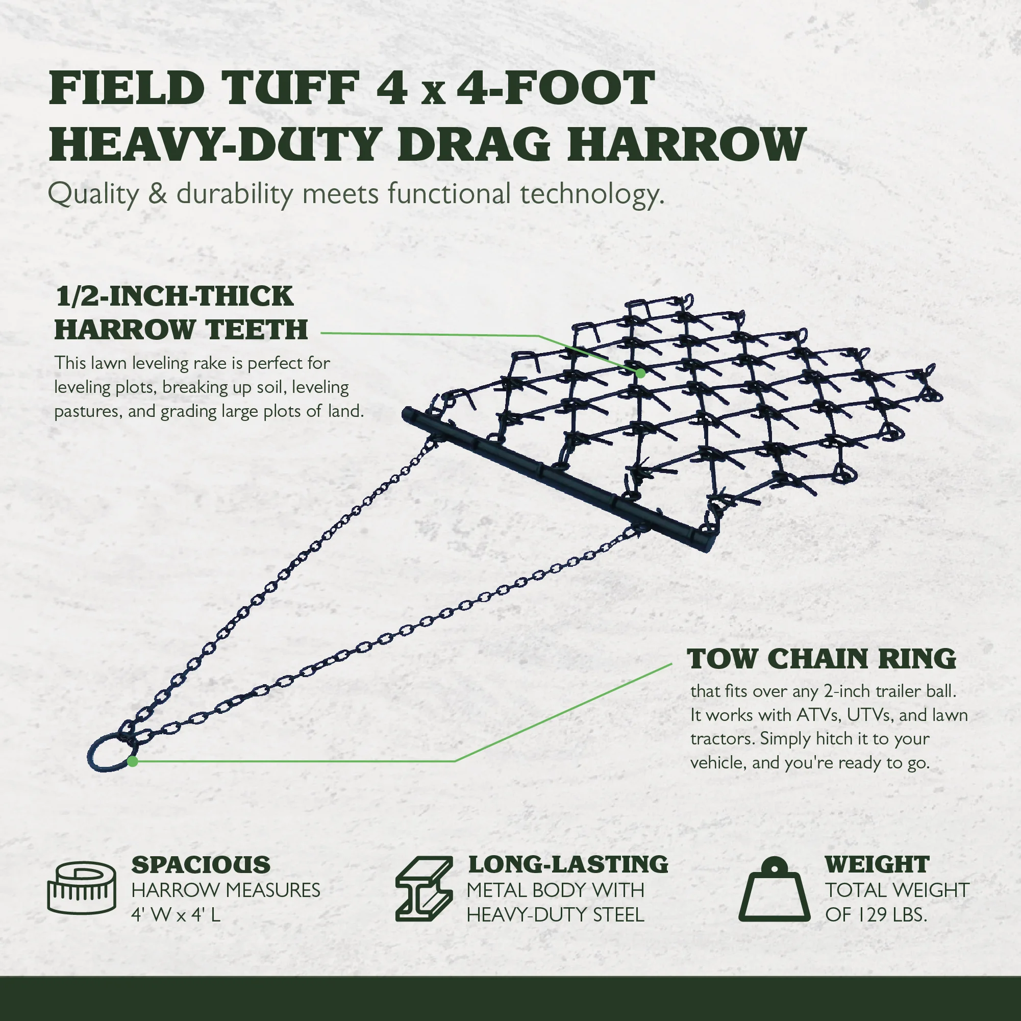 Field Tuff 4'x4' Steel Drag Rake Field Leveling Harrow with 1/2" Teeth - Image 5