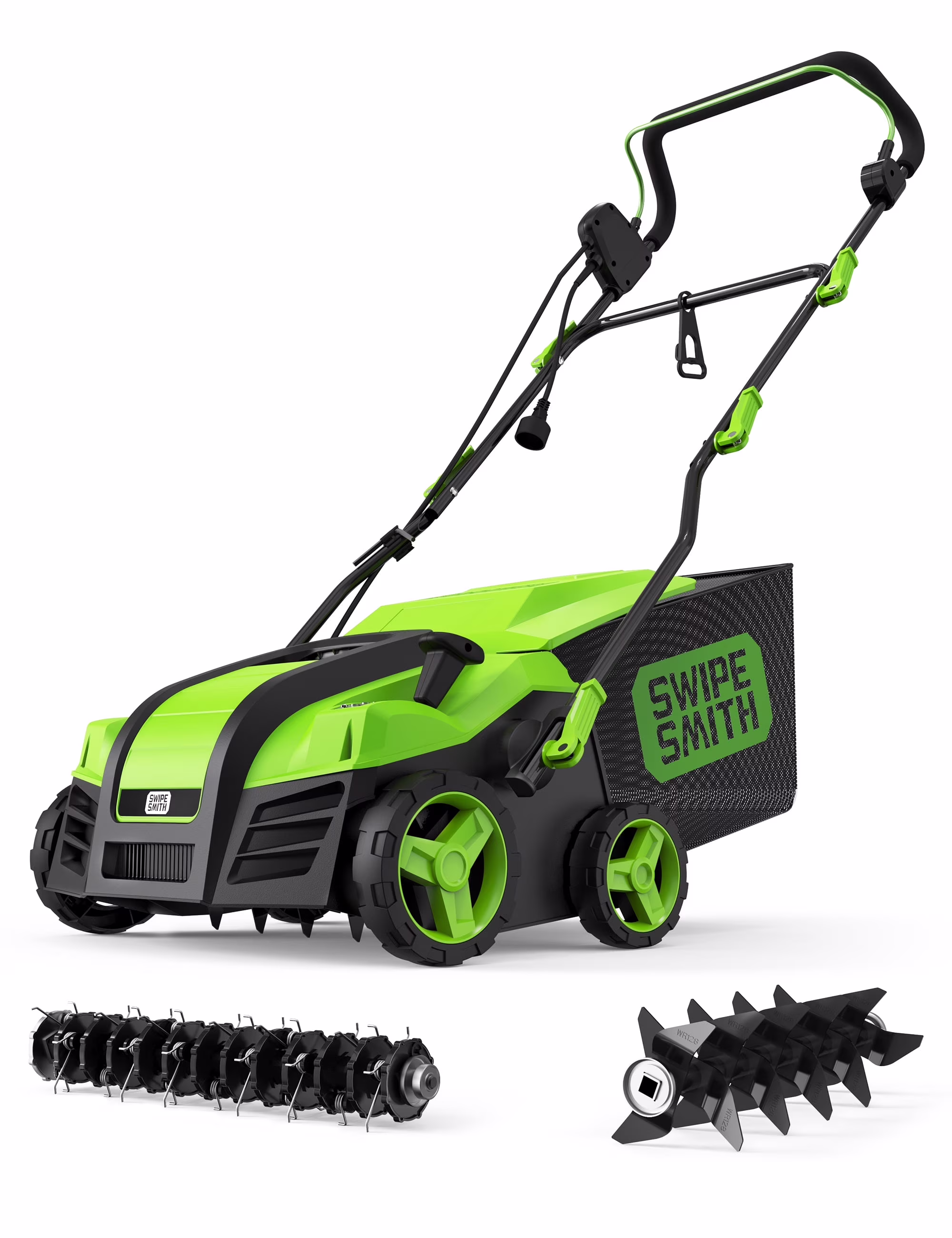SWIPESMITH 16- 15 Amp Electric Dethatcher Scarifier, Lawn with 5-Position Depth Adjustment, 14.5 Gal Removable Thatch Collection Bag, Quick-Fold, Keeps Health