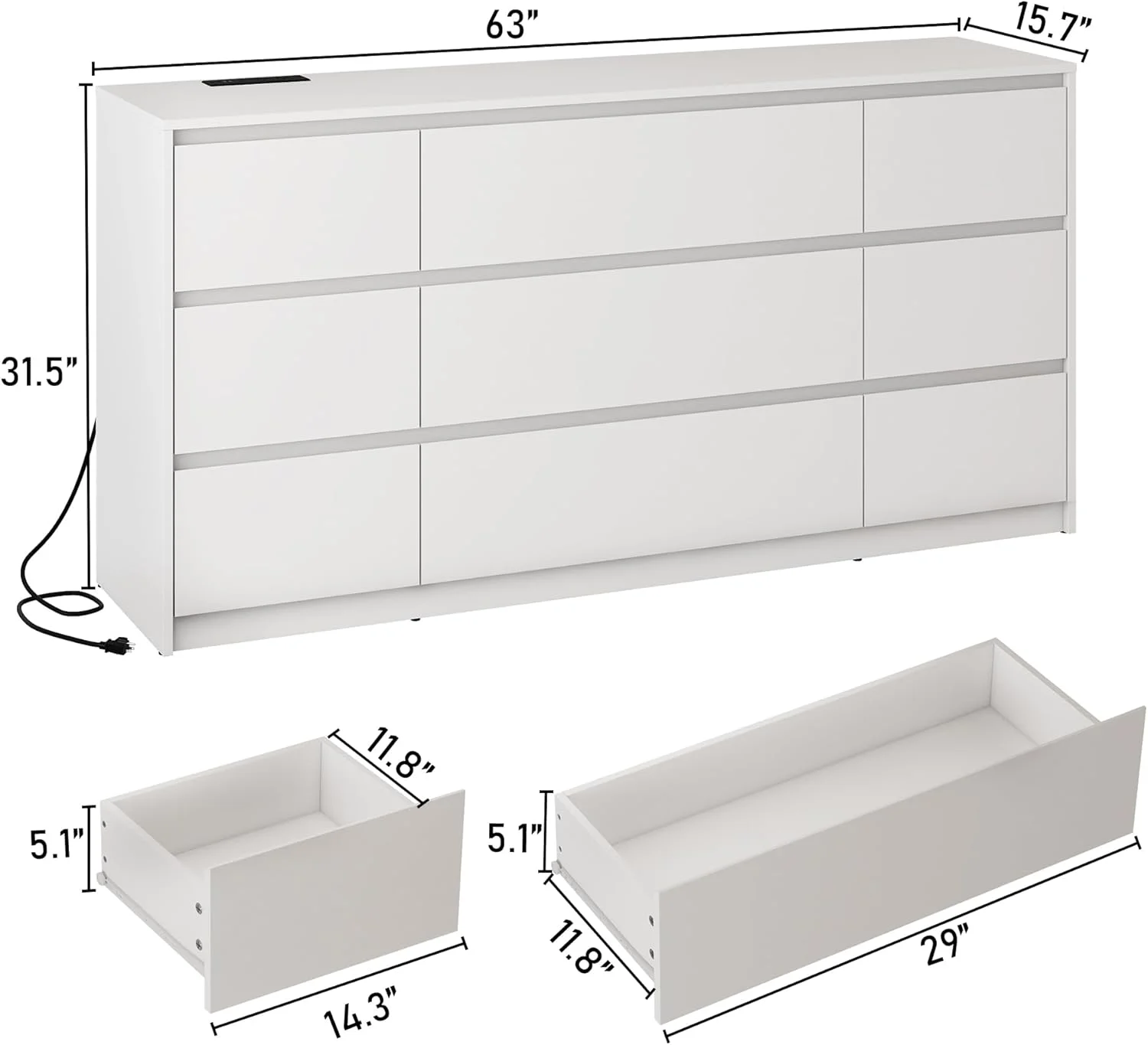 ChVans Black 9 Drawers Dresser with Charging Station, 63" Long Modern Dresser with 9 Drawers for Bedroom, Large Wood Chest of Drawers Handle Free, Dresser for Bedroom, Living Room, Hallway - Image 15