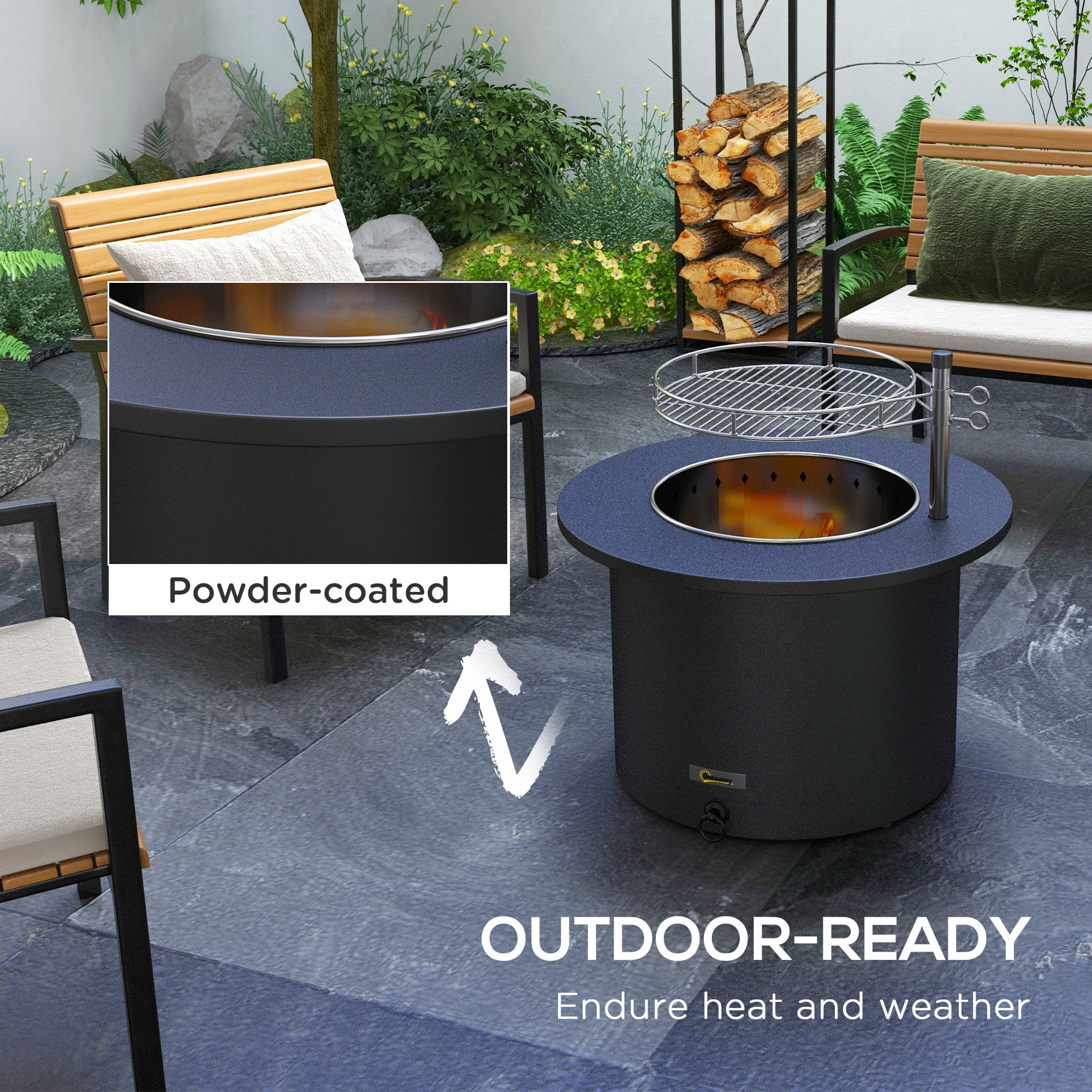 Outsunny 25" Smokeless Fire Pit, 2-in-1 Stainless Steel Firepit with Grill, Portable Wood Burning Fireplace with Poker and Ash Tray, Black - Image 6