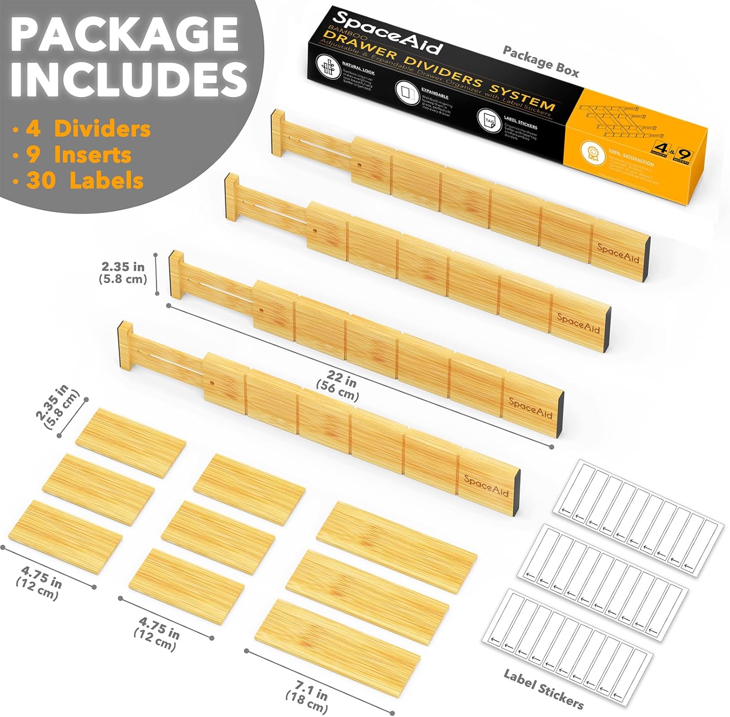 SpaceAid Bamboo Drawer Dividers with Inserts and Labels, Kitchen Adjustable Drawer Organizers, Expandable Organization for Home, Office, Dressers, 4 Dividers with 9 Inserts (17