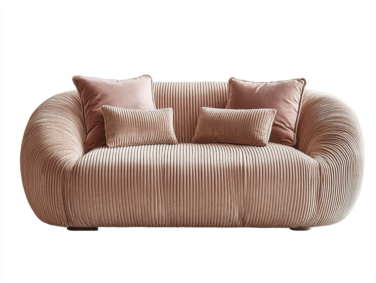 Sofá de diseño redondeado tapizado en pana rosa con cojines decorativos 170x90cm