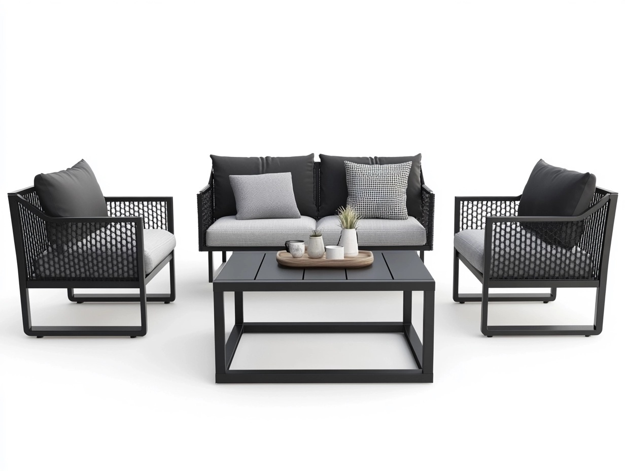 Muebles de jardín modernos en aluminio negro set de 4 piezas con sofá sillones mesa y cojines grises ideal para exterior terraza o patio