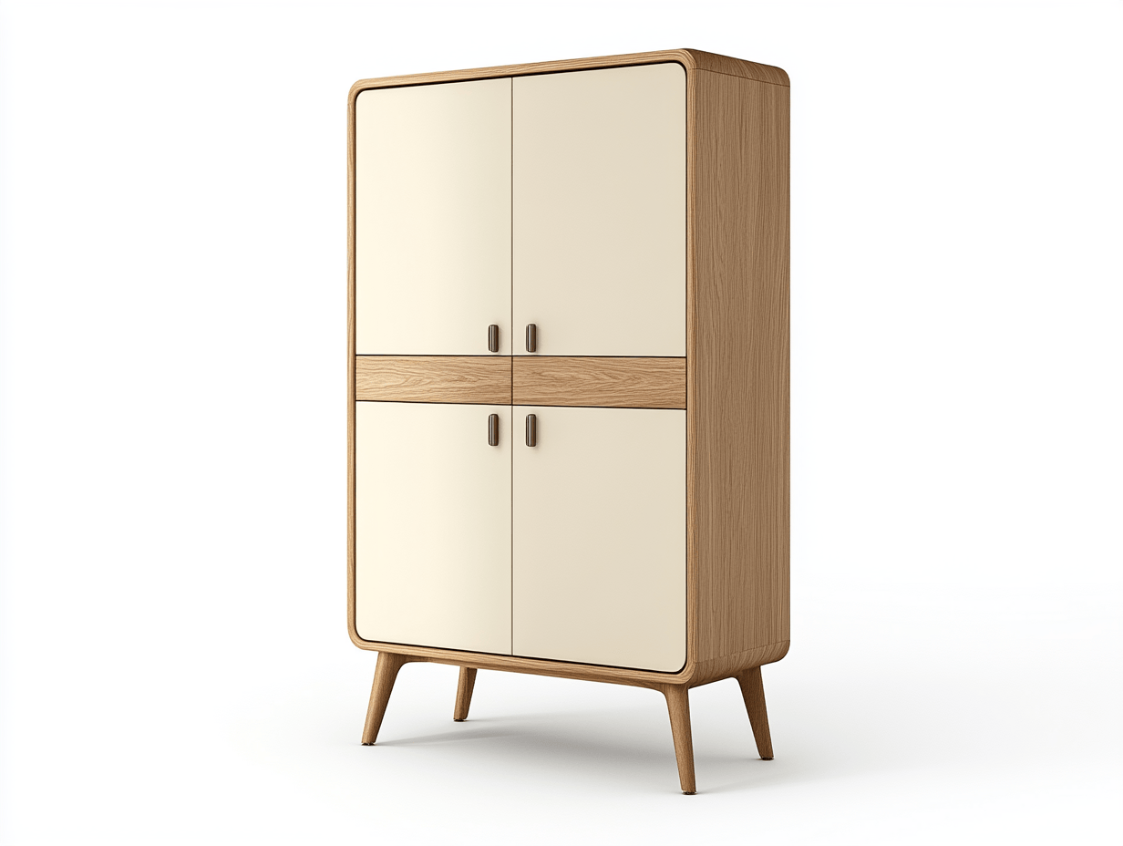 Armario Alto con Cuatro Puertas y Detalles en Madera Natural